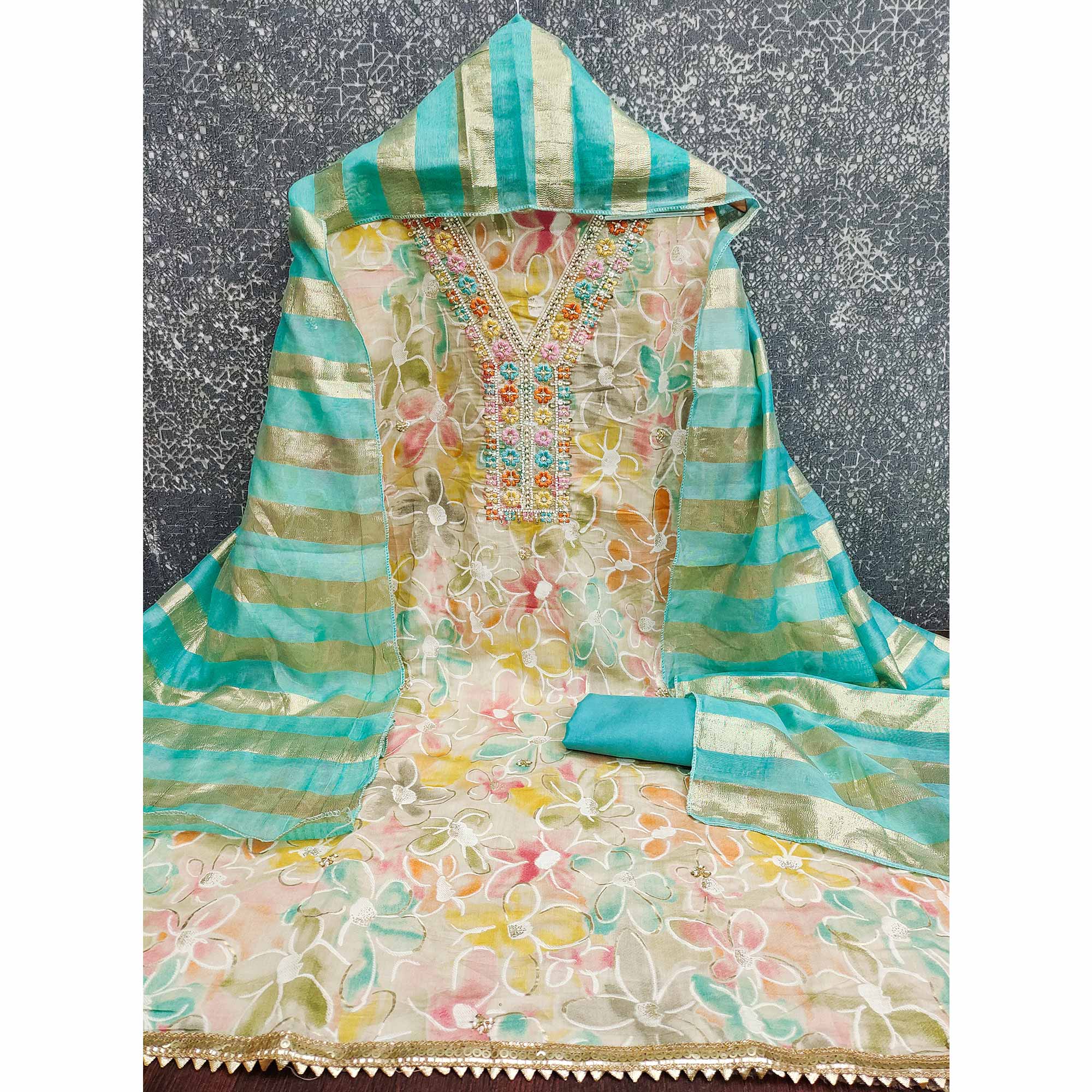 Vibrant Turquoise Floral Printed Roman Art Silk Dress Material Adorned With Beads & Sequins