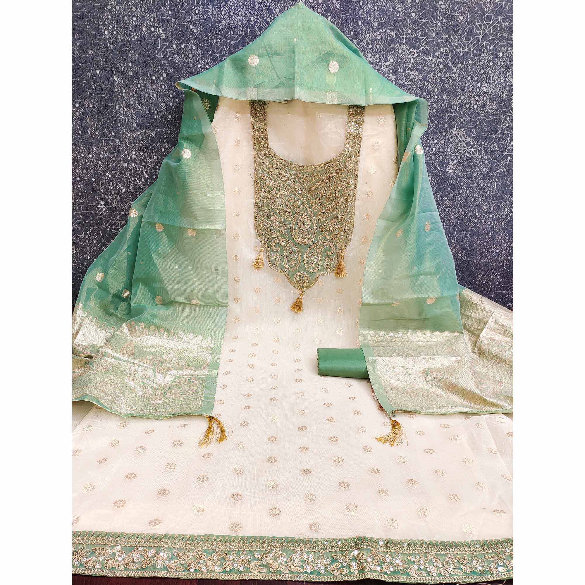 Cream & Turquoise Butti Weaving Shimmer Silk Dress Material Accented With Sequin Cording Embroidery