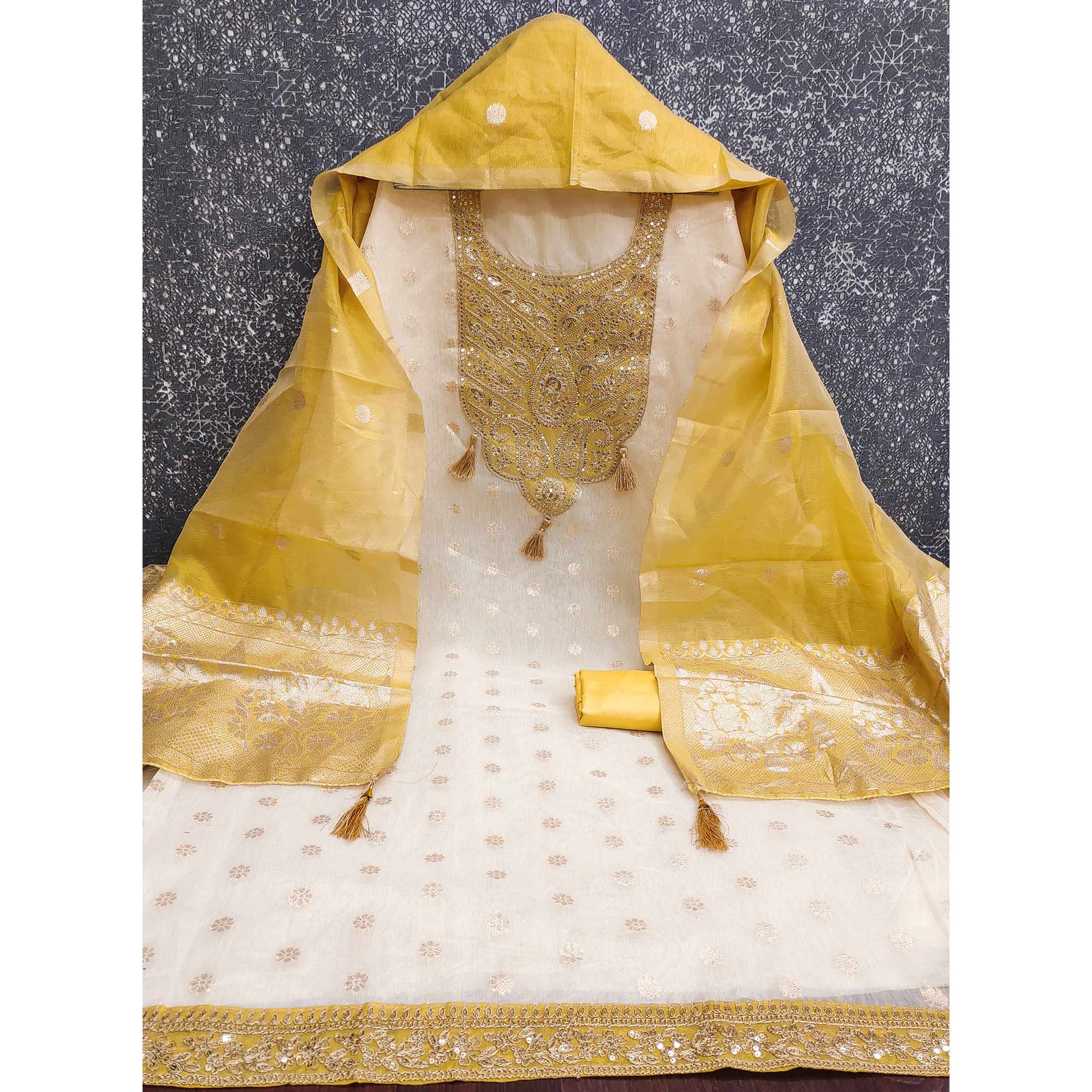 Cream & Yellow Butti Weaving Shimmer Silk Dress Material Accented With Sequins Cording Embroidery