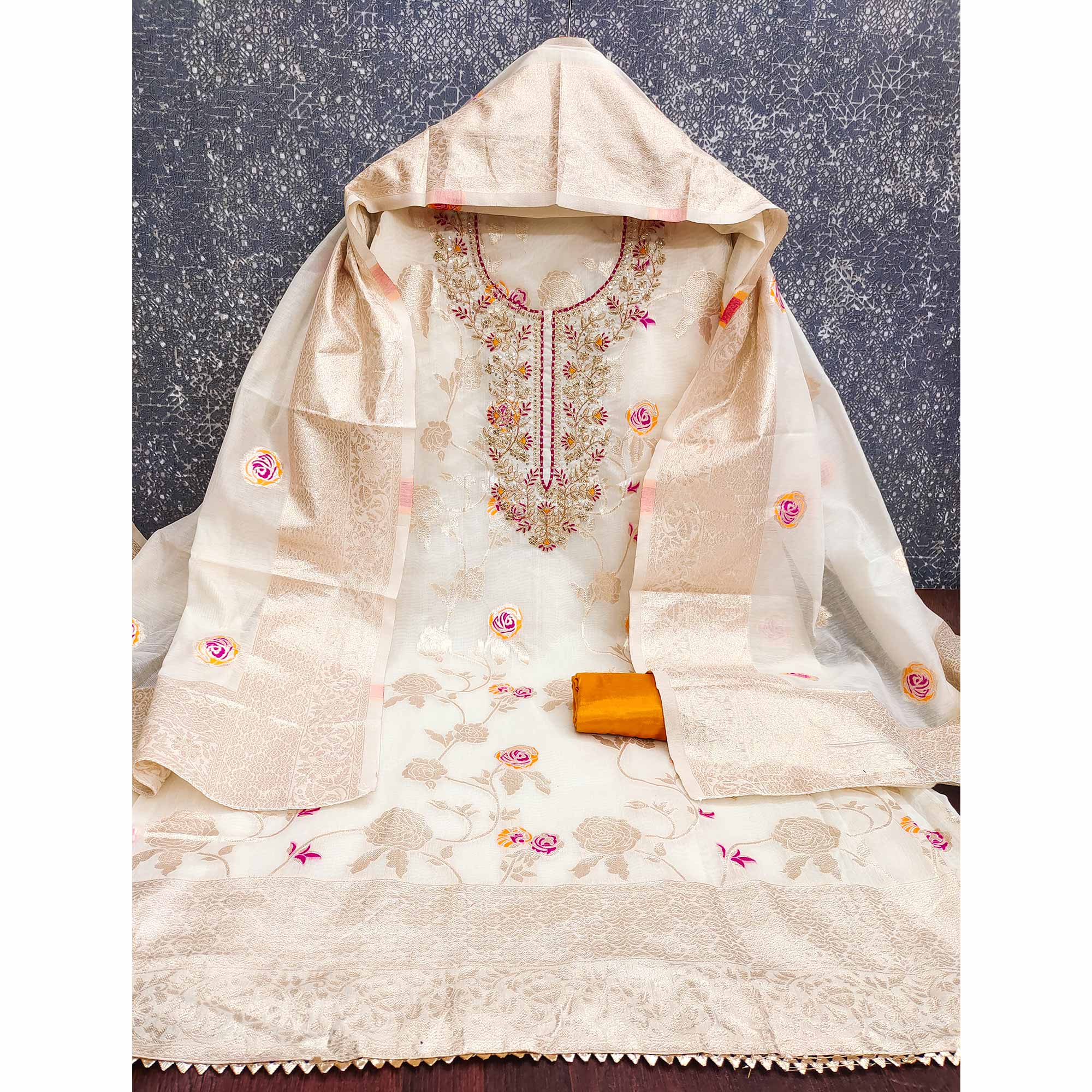 Premium Cream Floral Meenakari Jacquard Weaving Dress Material With Sequins Cording Embroidery