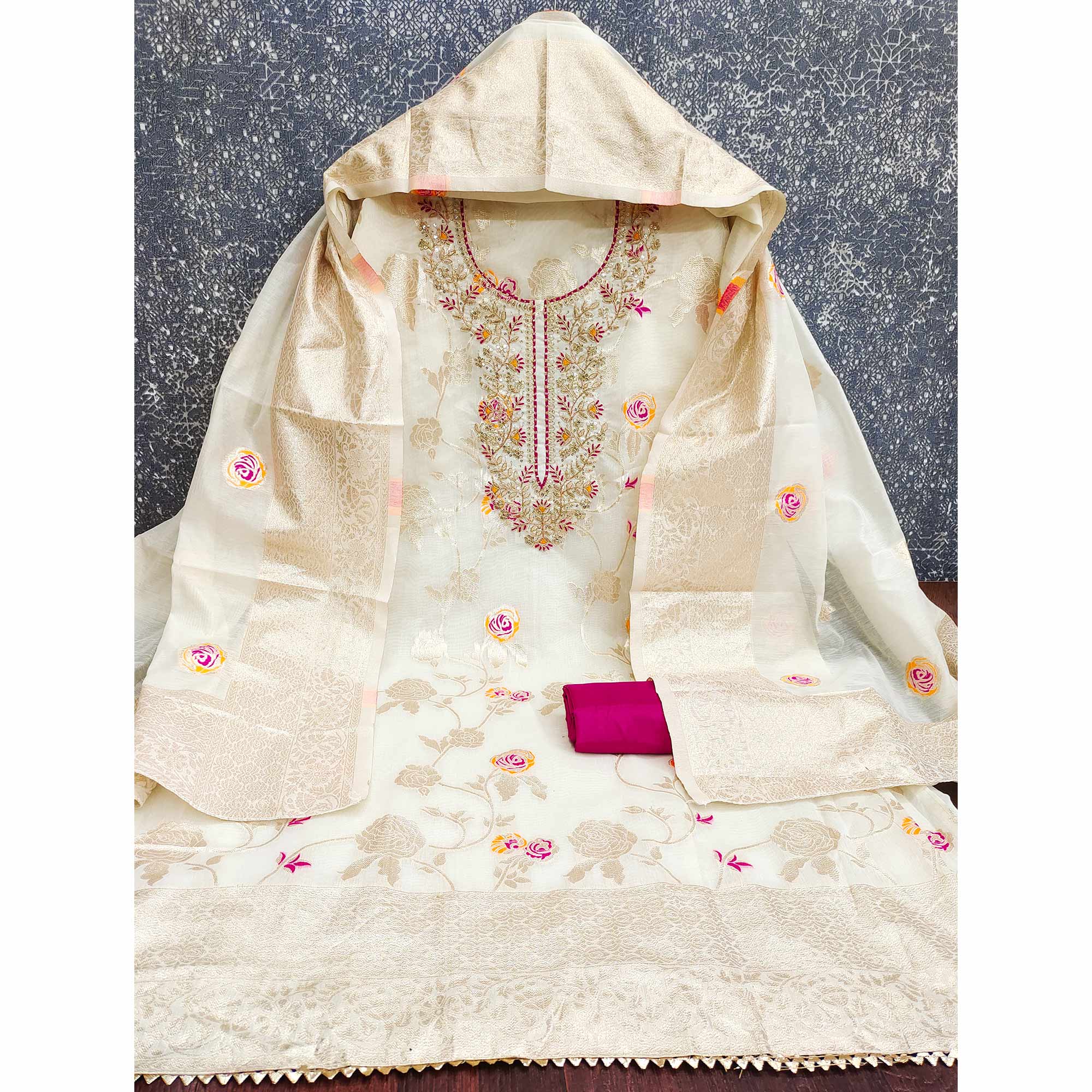 Elegant Cream Floral Meenakari Jacquard Weaving Dress Material With Sequins Cording Embroidery