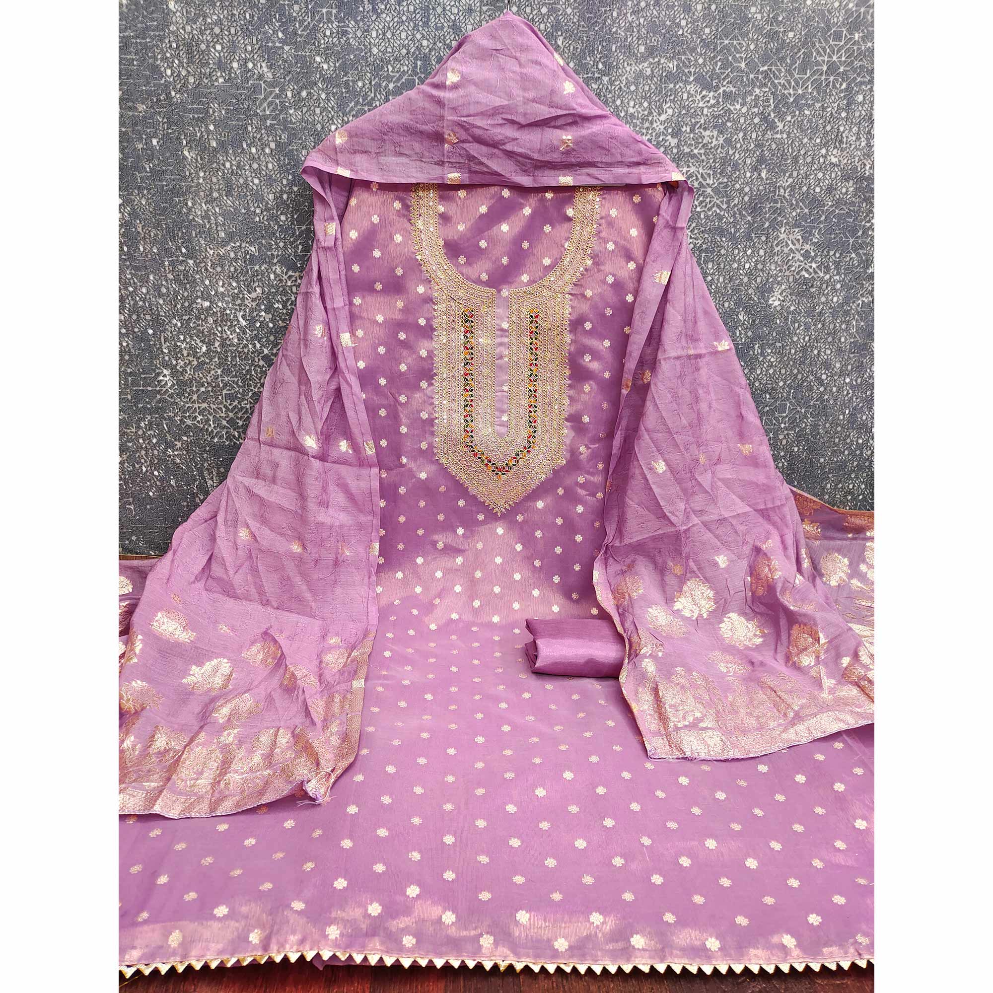 Exclusive Lavender Floral Butti Weaving Shimmer Silk Dress Material With Cording Sequins Embroidery