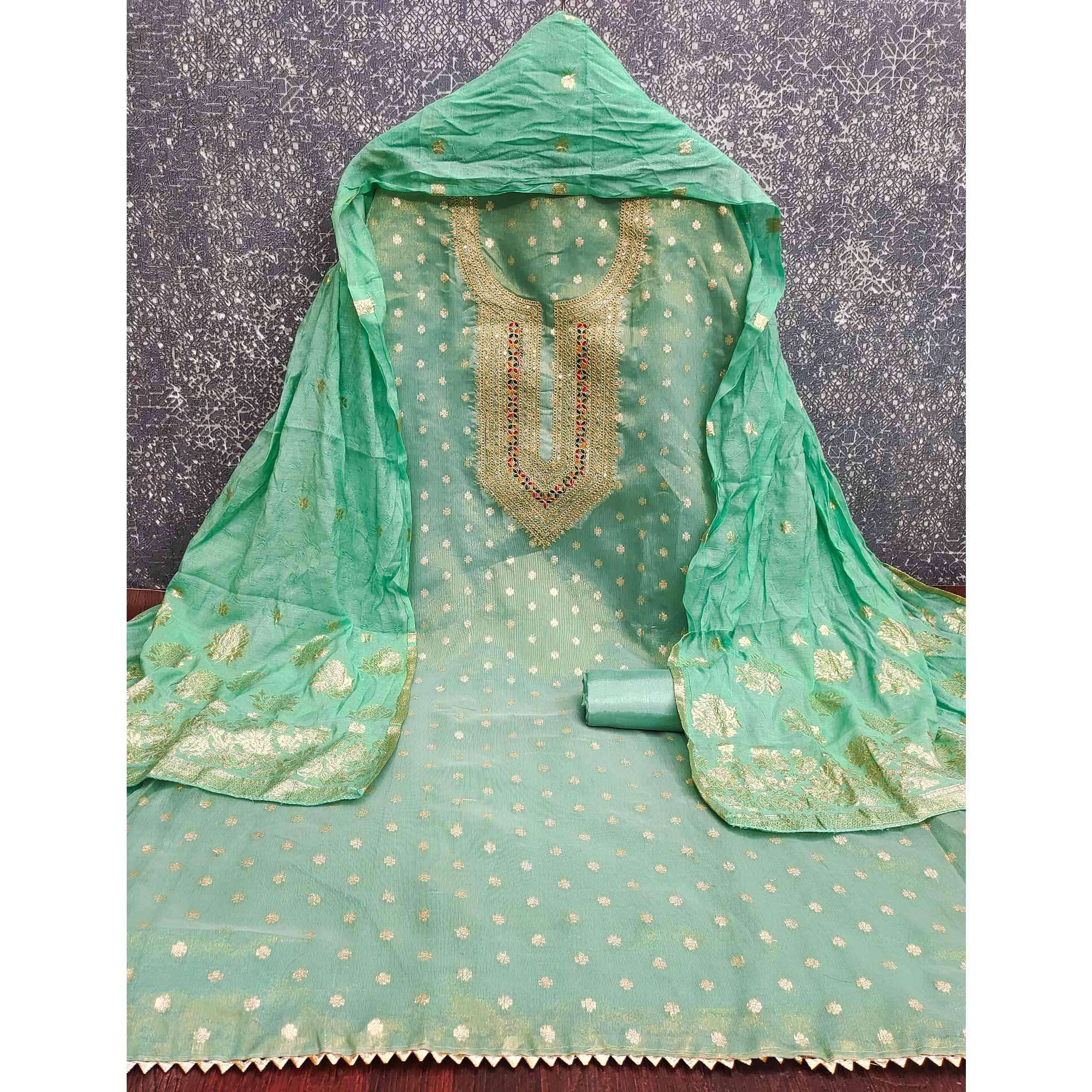 Exclusive Turquoise Floral Butti Weaving Shimmer Silk Dress Material With Cording Sequin Embroidery