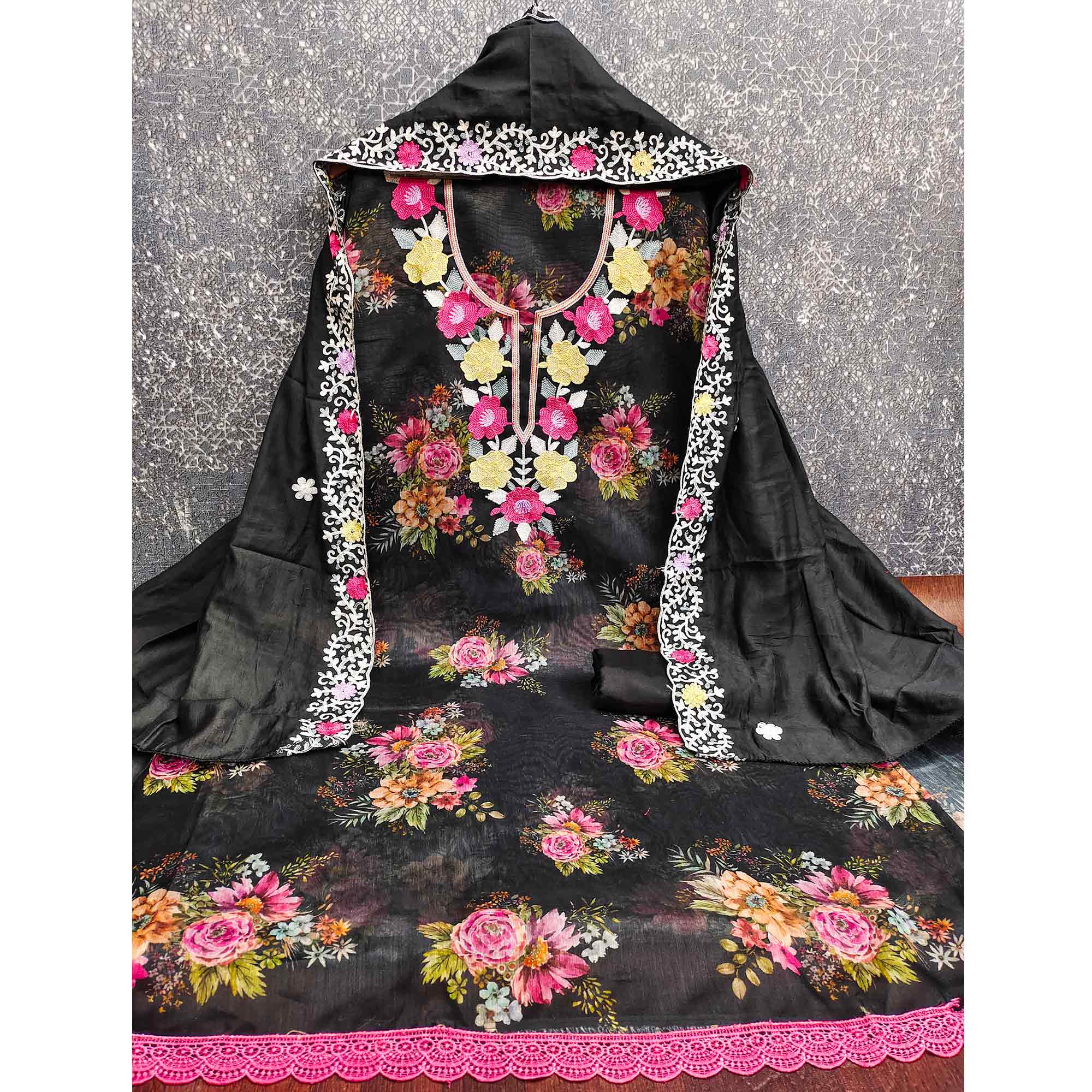 Designer Black Floral Digital Printed Shimmer Silk Dress Material Featuring Embroidery Work