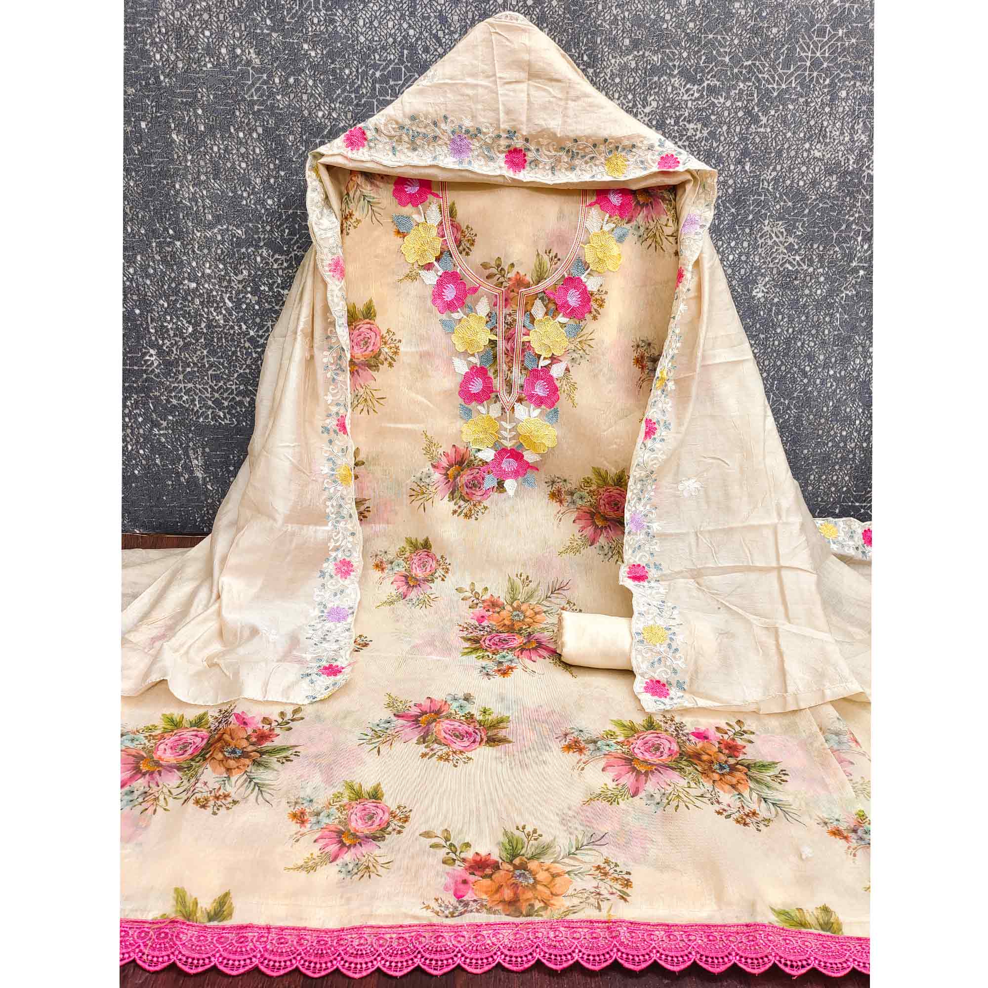 Designer Cream Floral Digital Printed Shimmer Silk Dress Material Featuring Embroidery Work