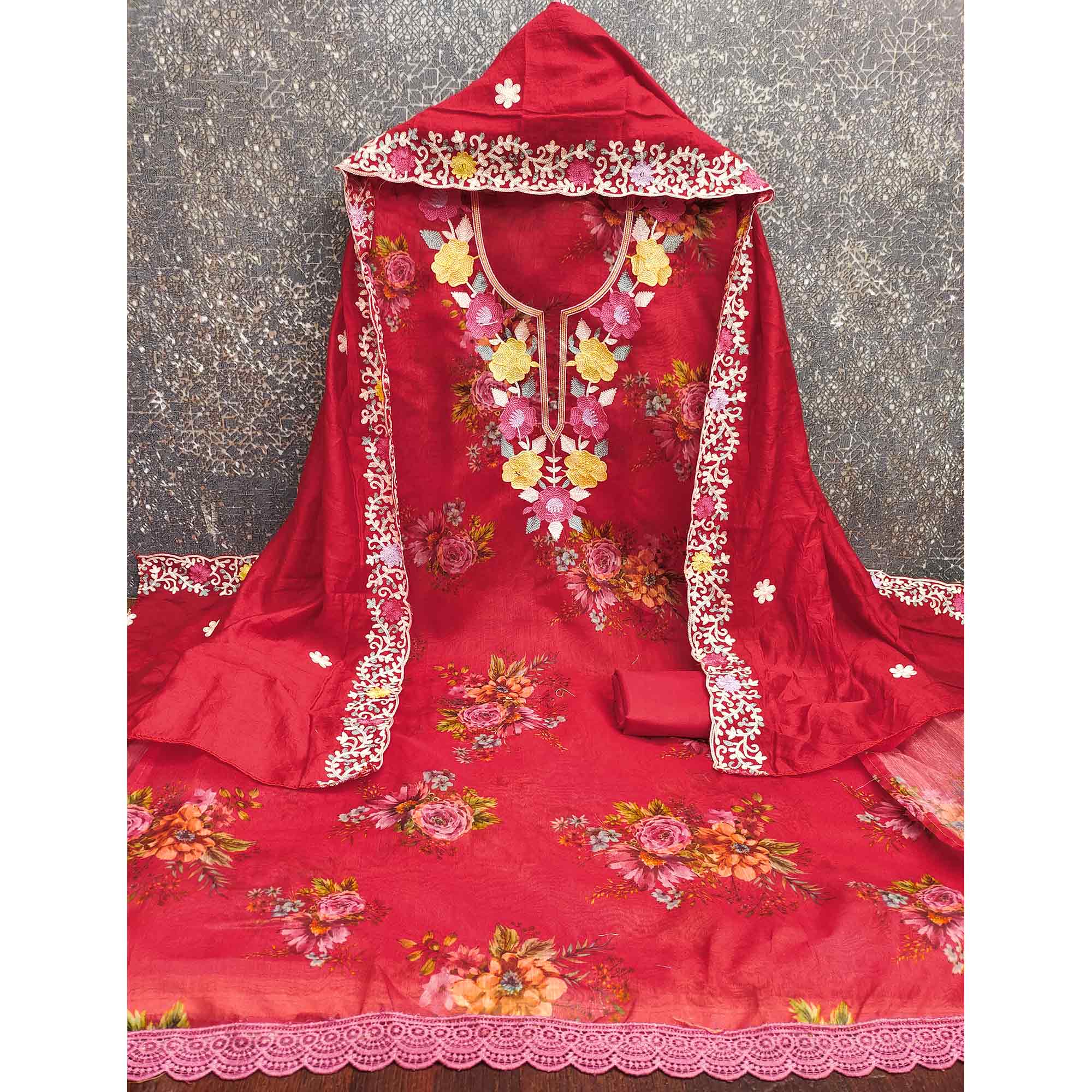 Designer Red Floral Digital Printed Shimmer Silk Dress Material Featuring Embroidery Work