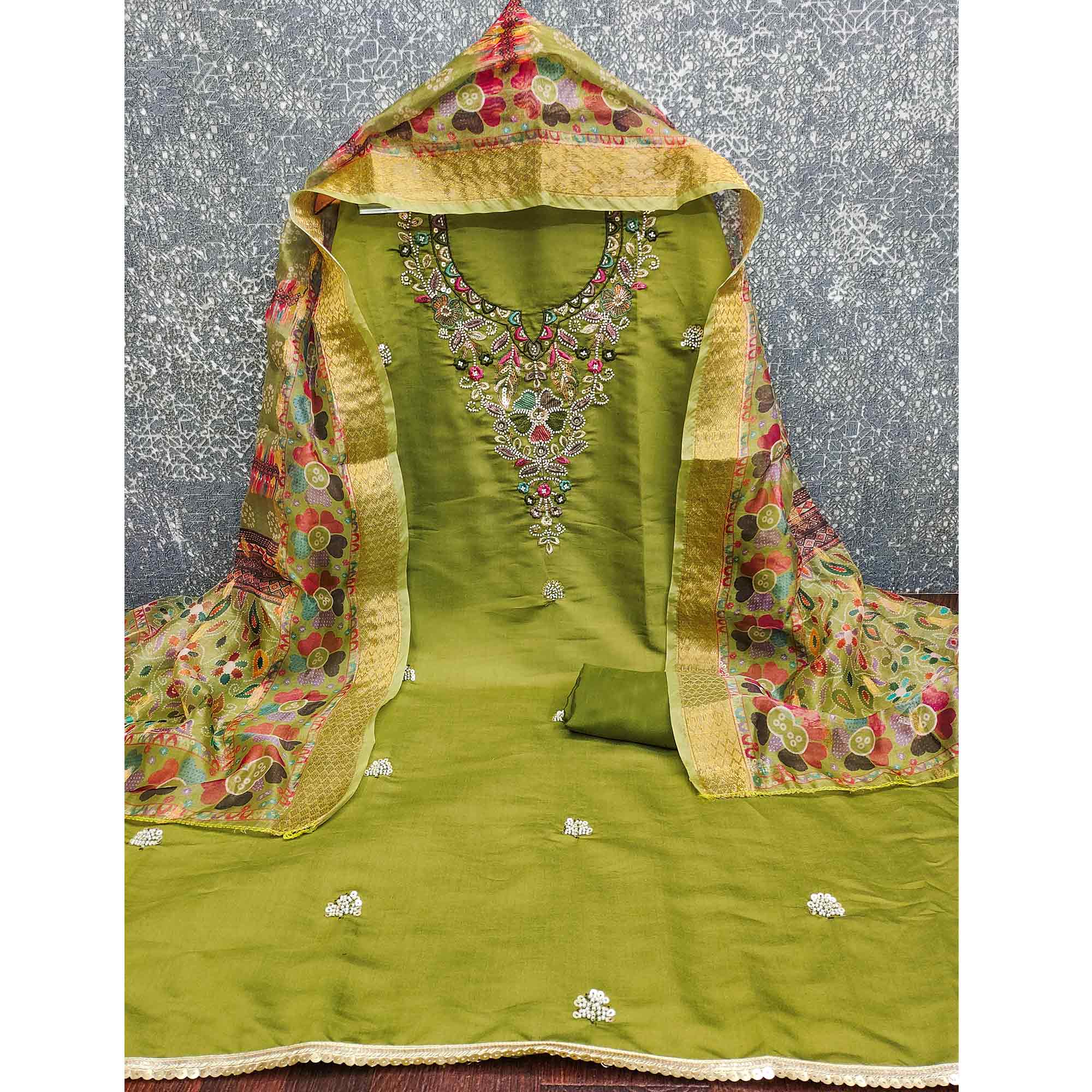 Exclusive Green Floral Embroidery Art Silk Dress Material With Sequins & Beads Work