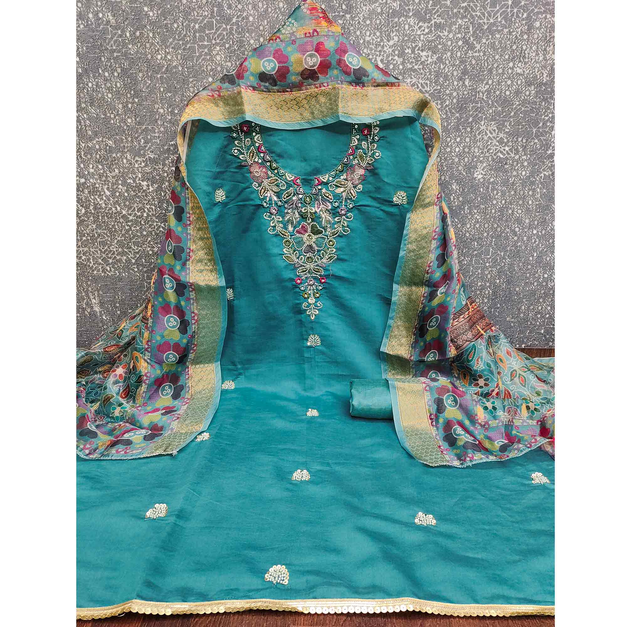 Exclusive Rama Blue Floral Embroidery Art Silk Dress Material With Sequins & Beads Work