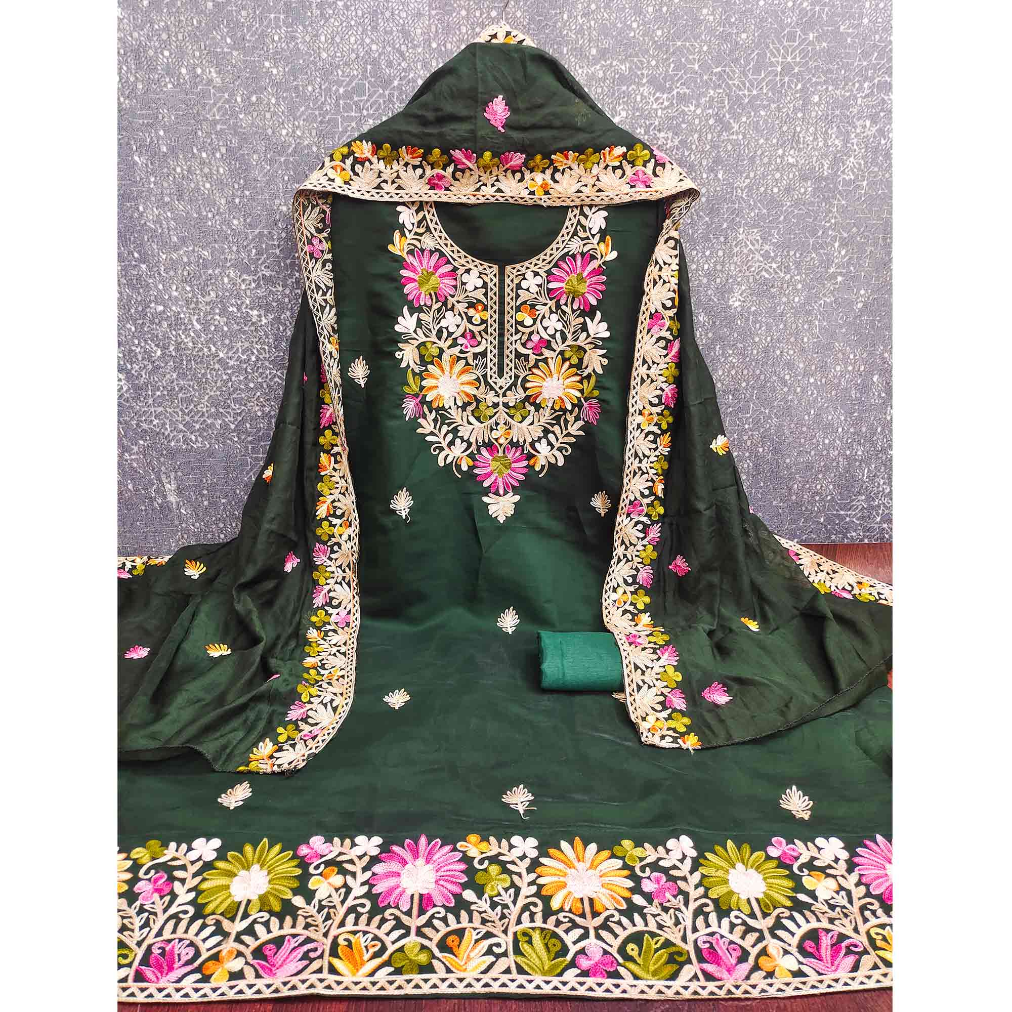 Bottle Green Designer Roman Art Silk Dress Material Adorned With Floral Thread Embroidery Work