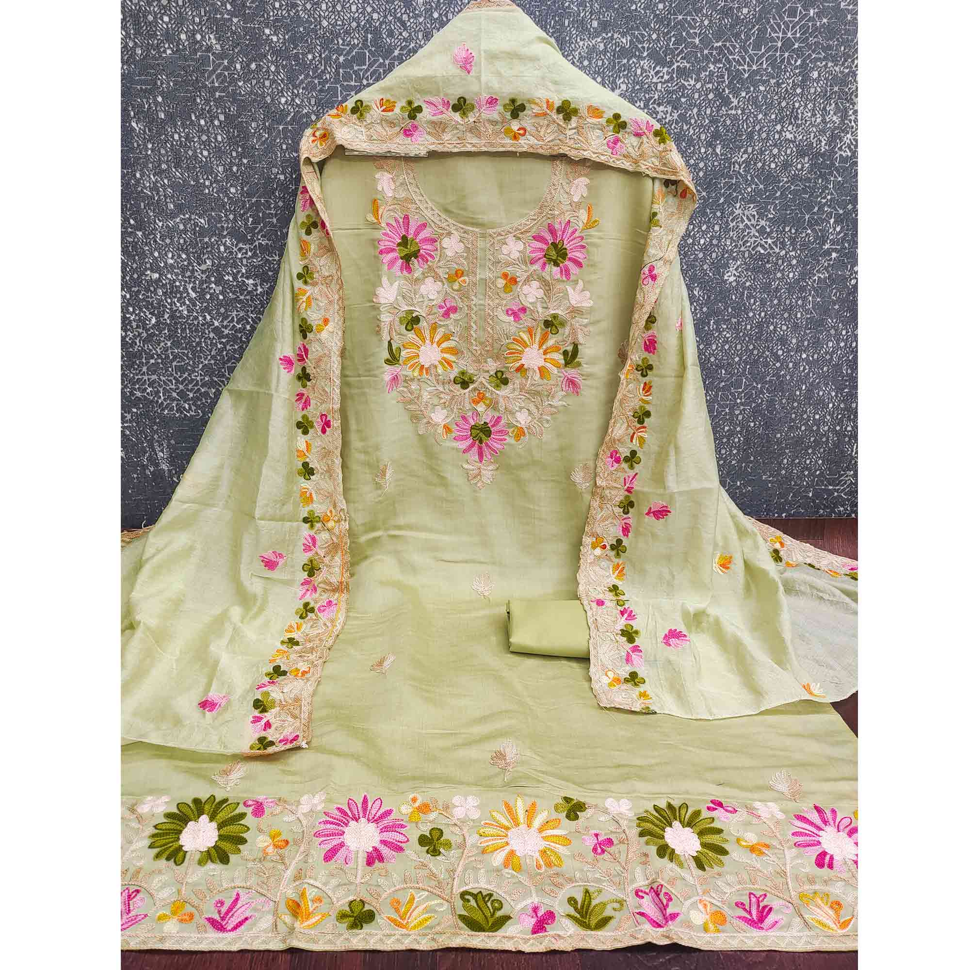 Pista Green Designer Roman Art Silk Dress Material Adorned With Floral Thread Embroidery Work