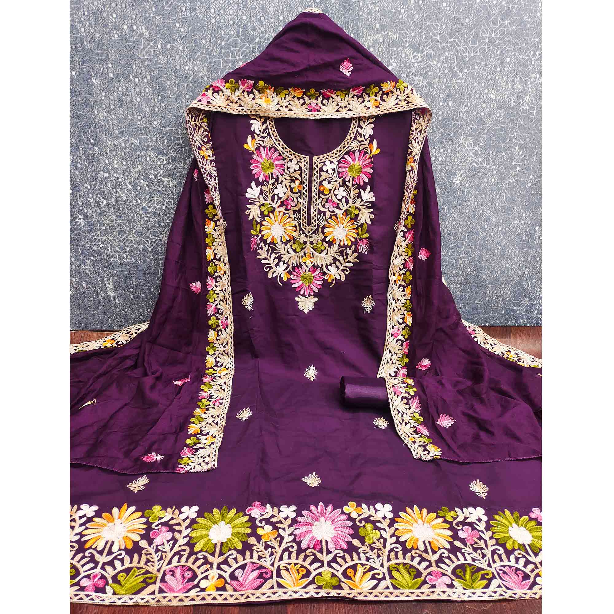 Purple Designer Roman Art Silk Dress Material Adorned With Floral Thread Embroidery Work