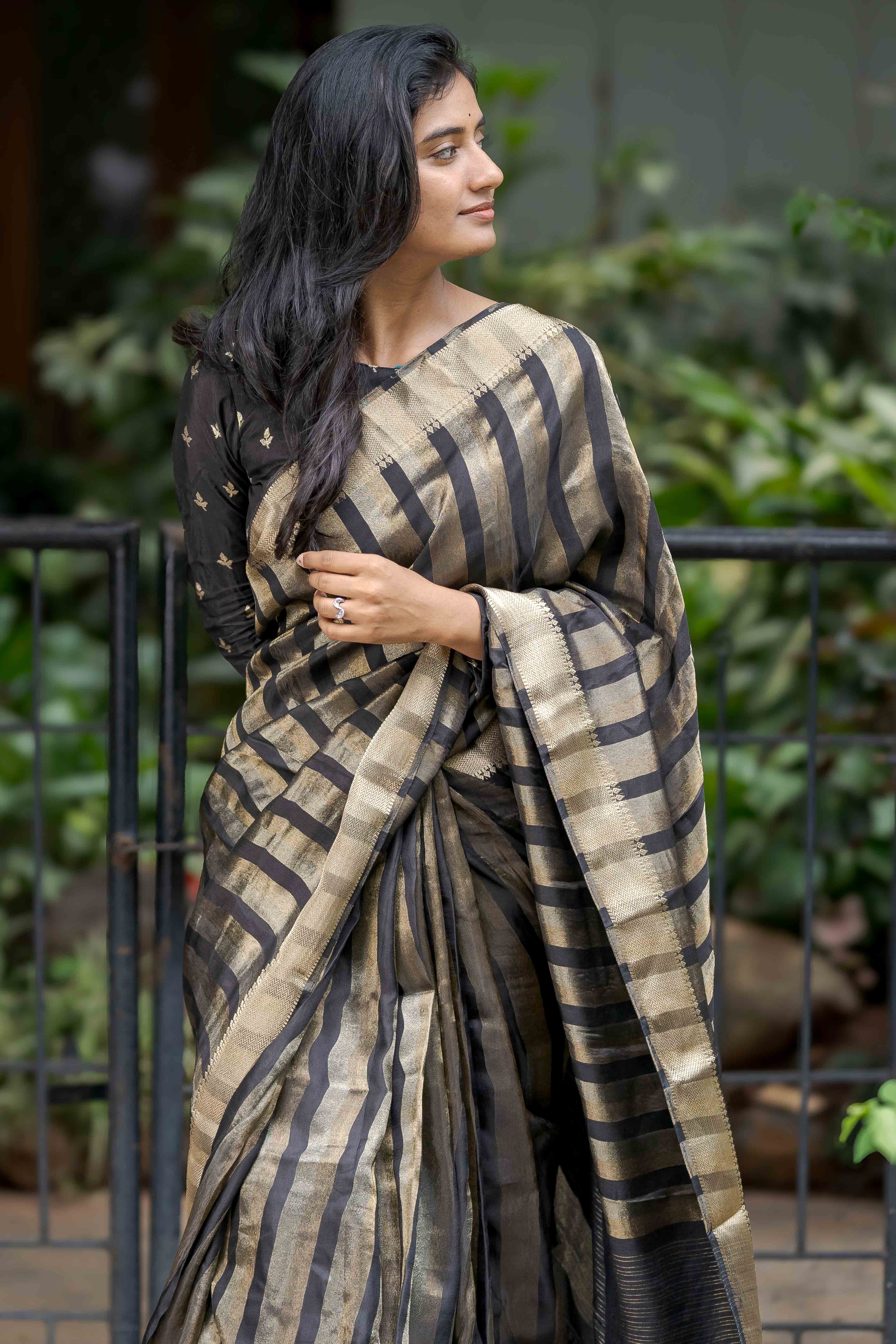 Black Zari Weaving Viscose Saree With Tassels