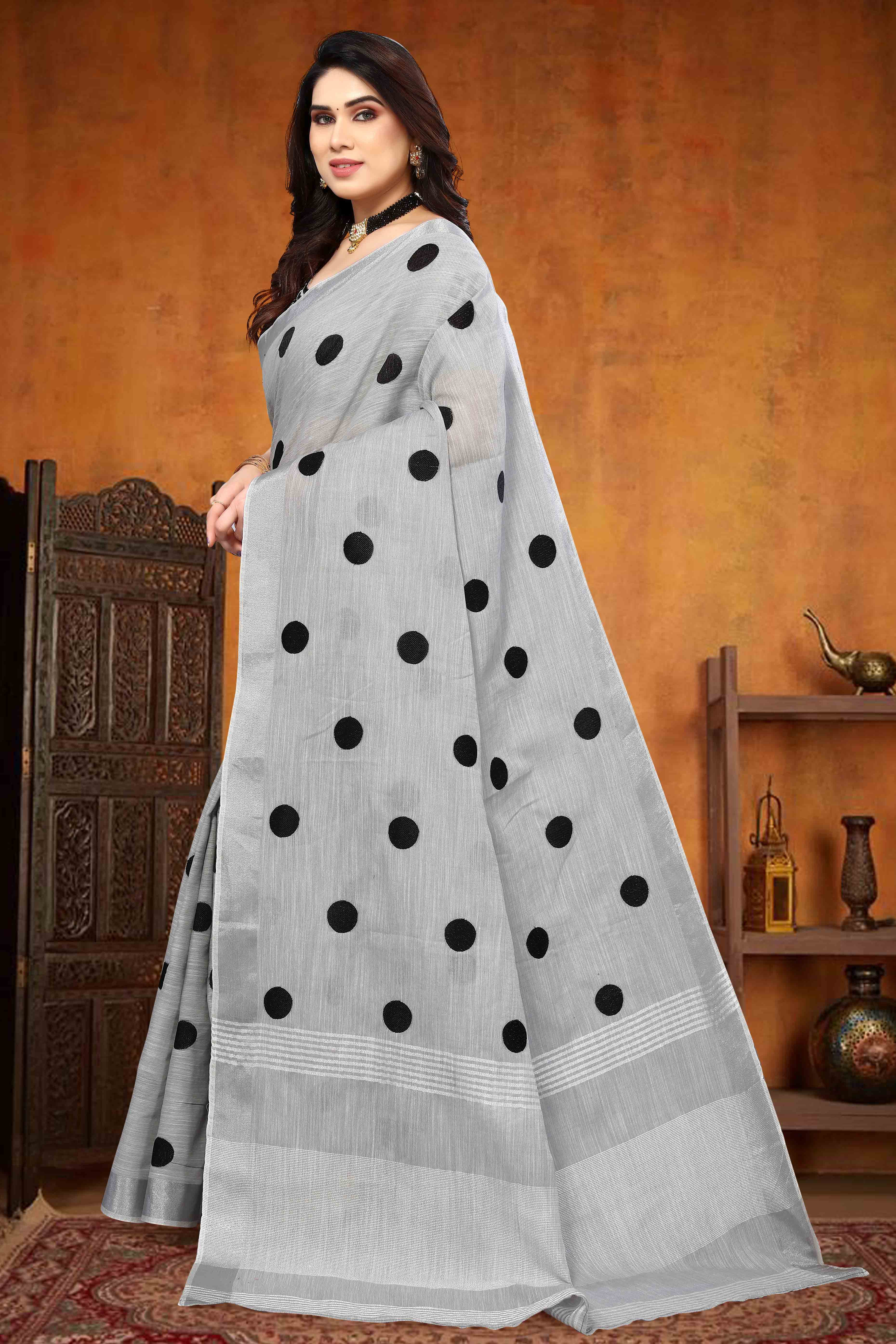 Grey Embroidered Linen Cotton Saree With Zari Border