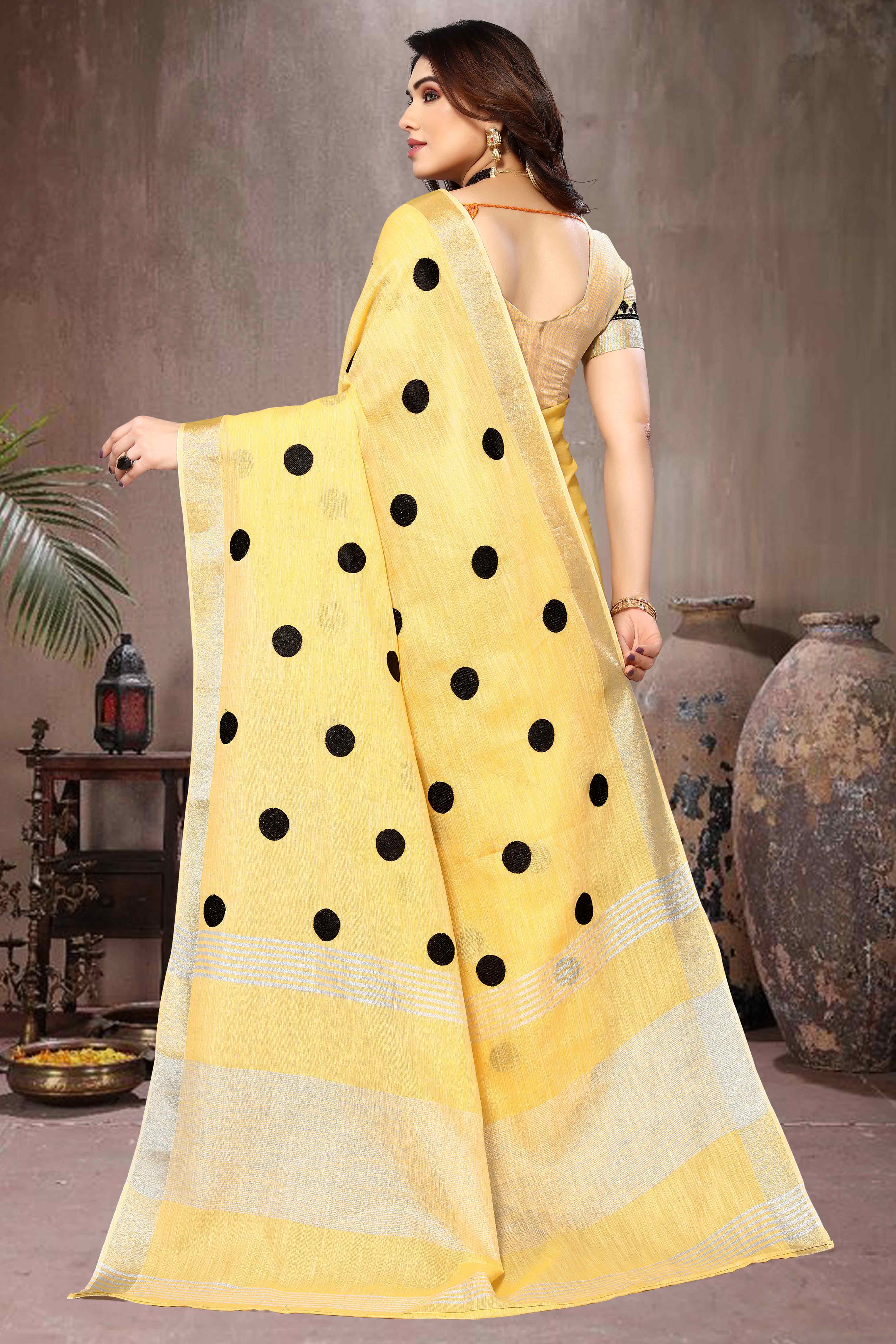 Yellow Embroidered Linen Cotton Saree With Zari Border
