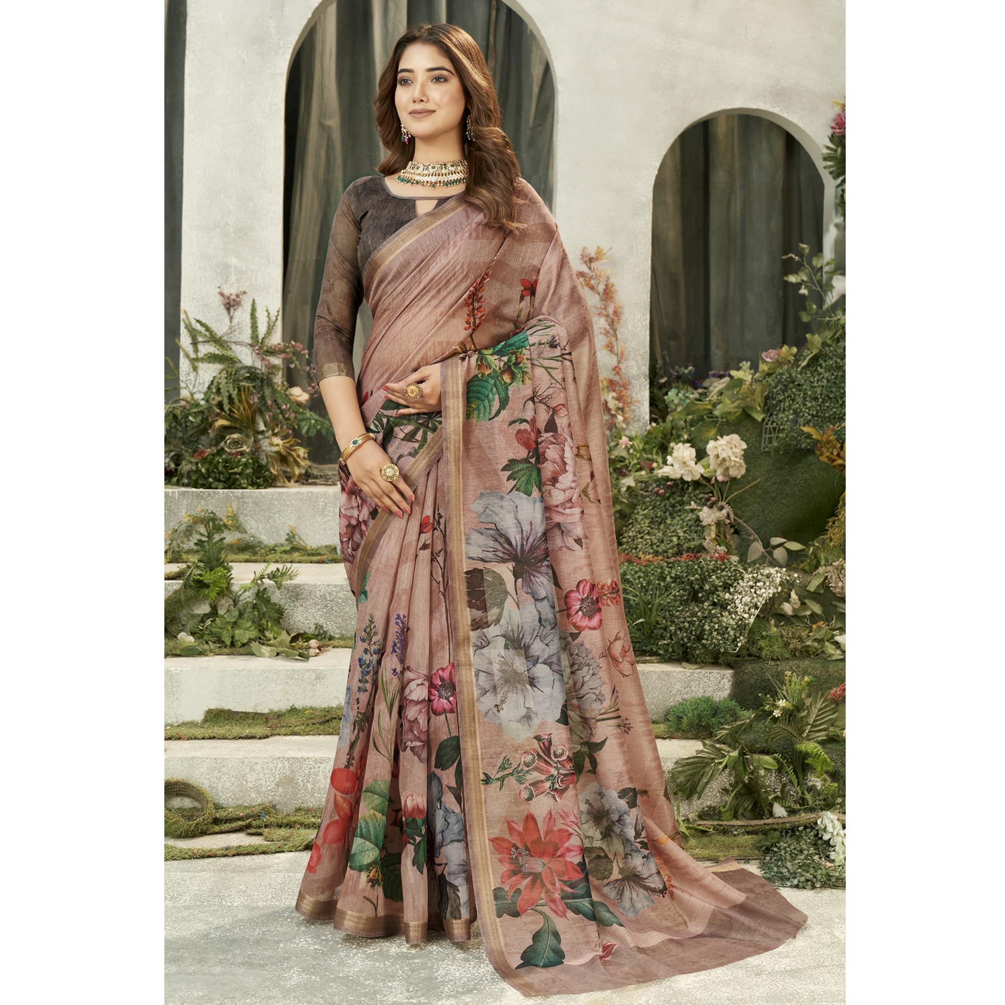 Rosy Brown Floral Digital Printed Chanderi Saree
