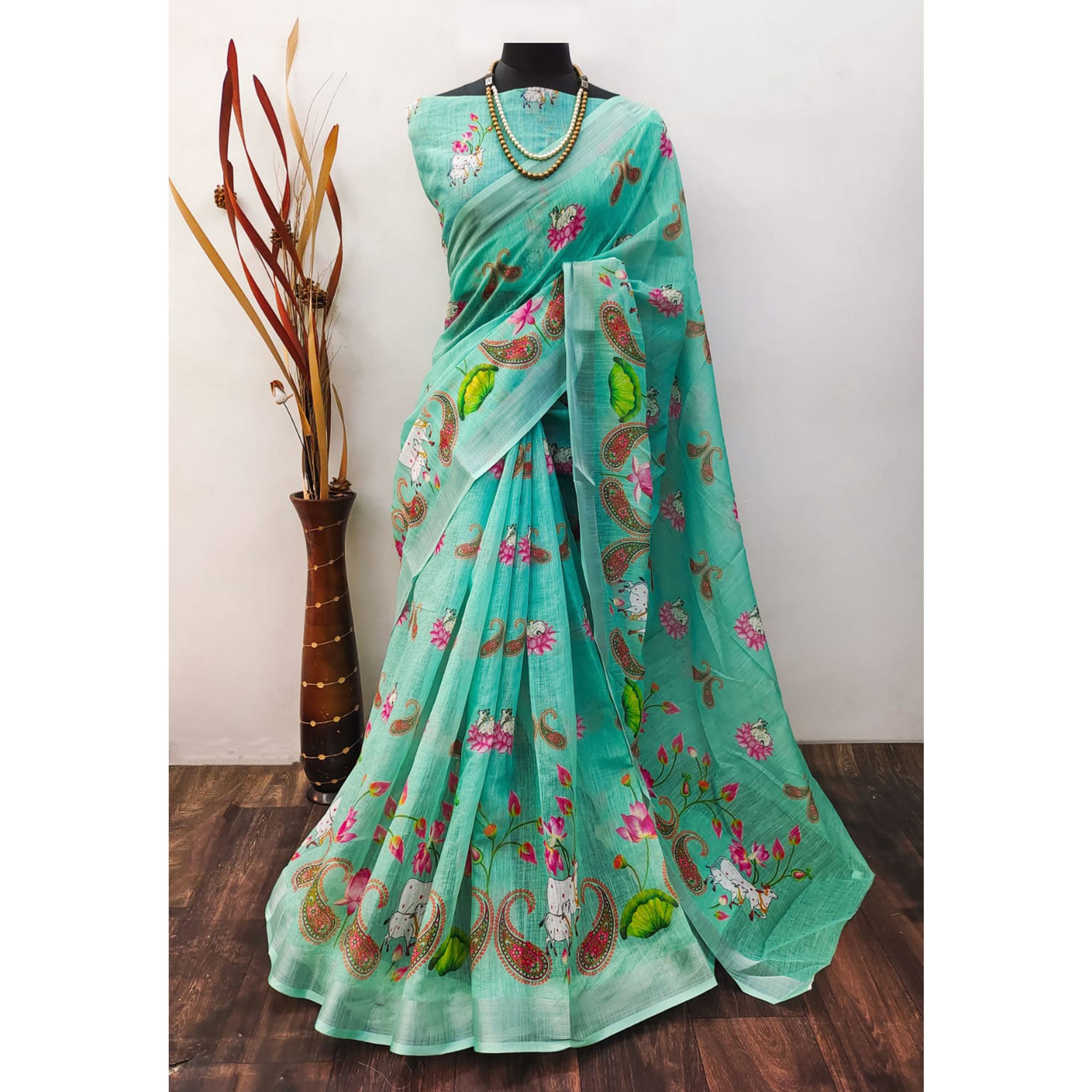 Turquoise Digital Printed Linen Saree