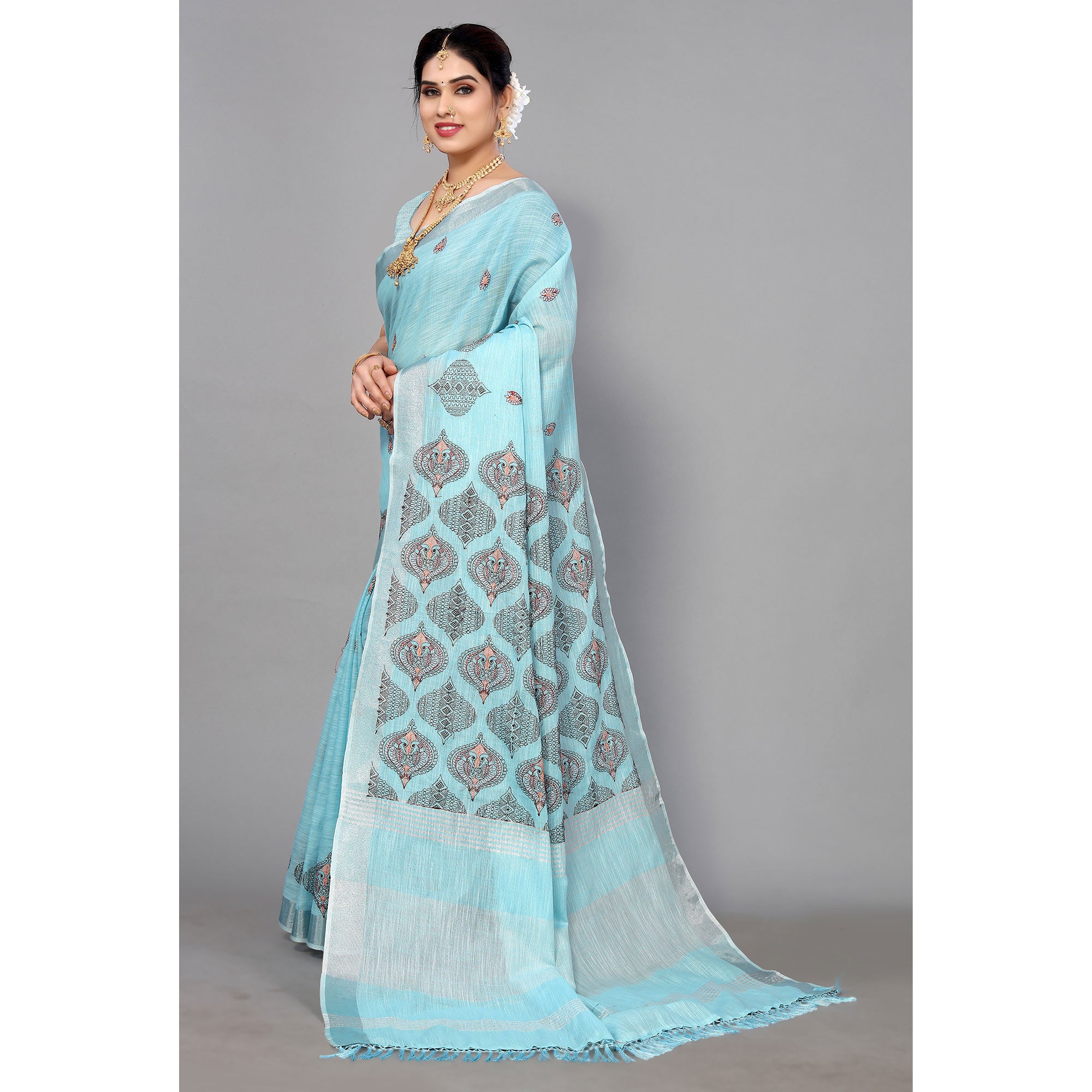Blue Embroidered Cotton Silk Saree With Tassels