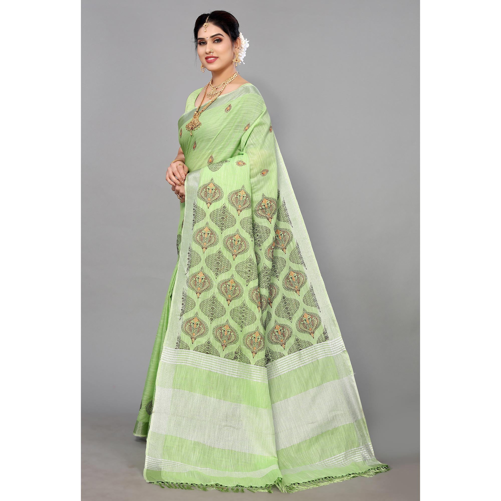 Green Embroidered Cotton Silk Saree With Tassels