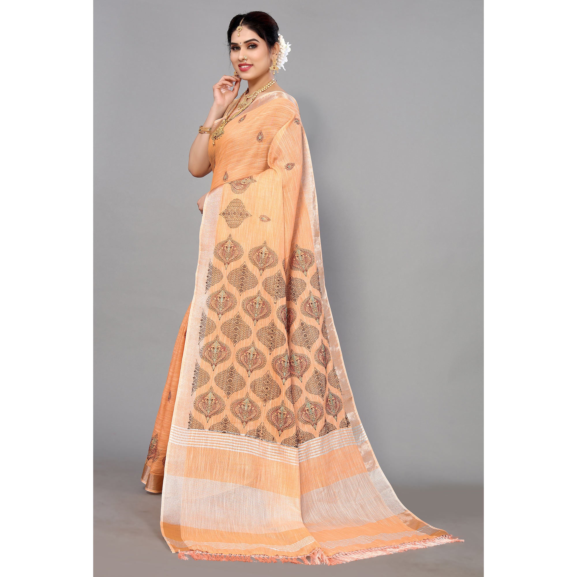 Light Orange Embroidered Cotton Silk Saree With Tassels