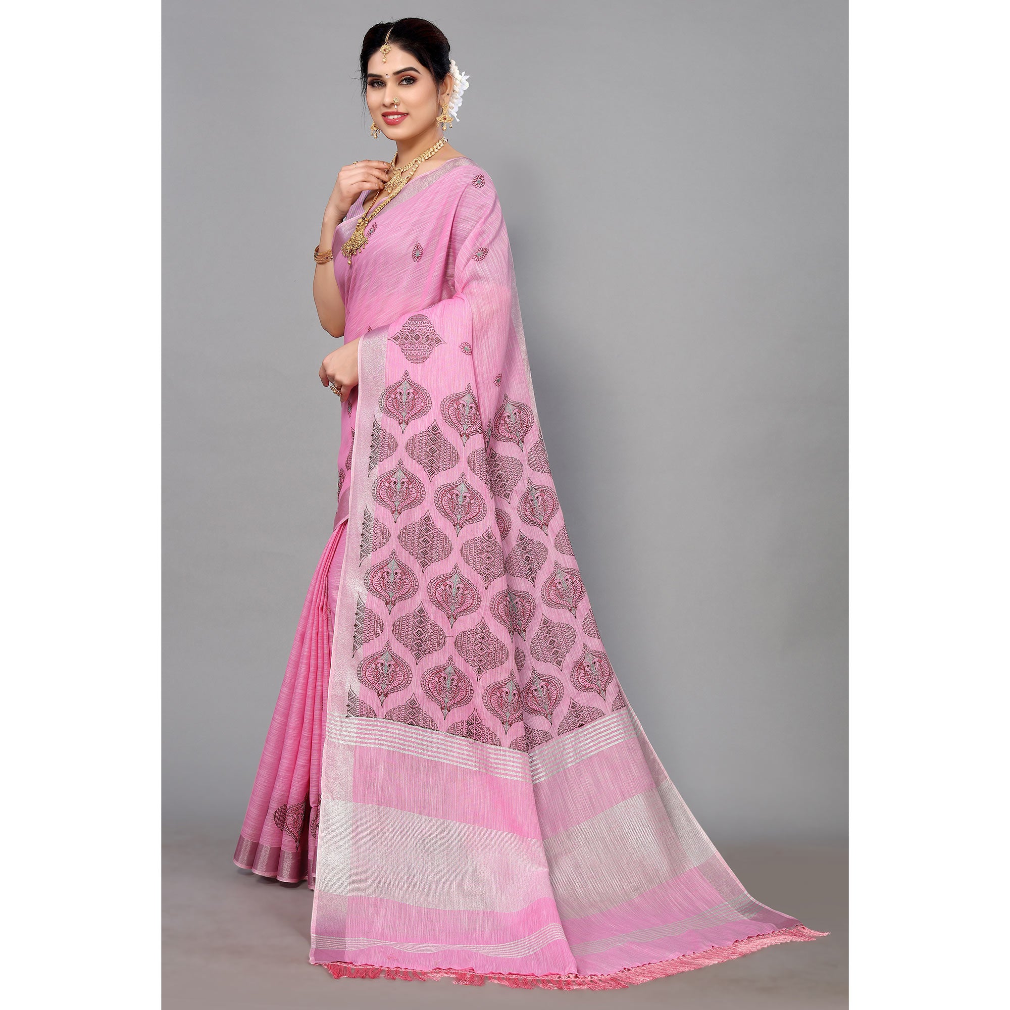 Pink Embroidered Cotton Silk Saree With Tassels