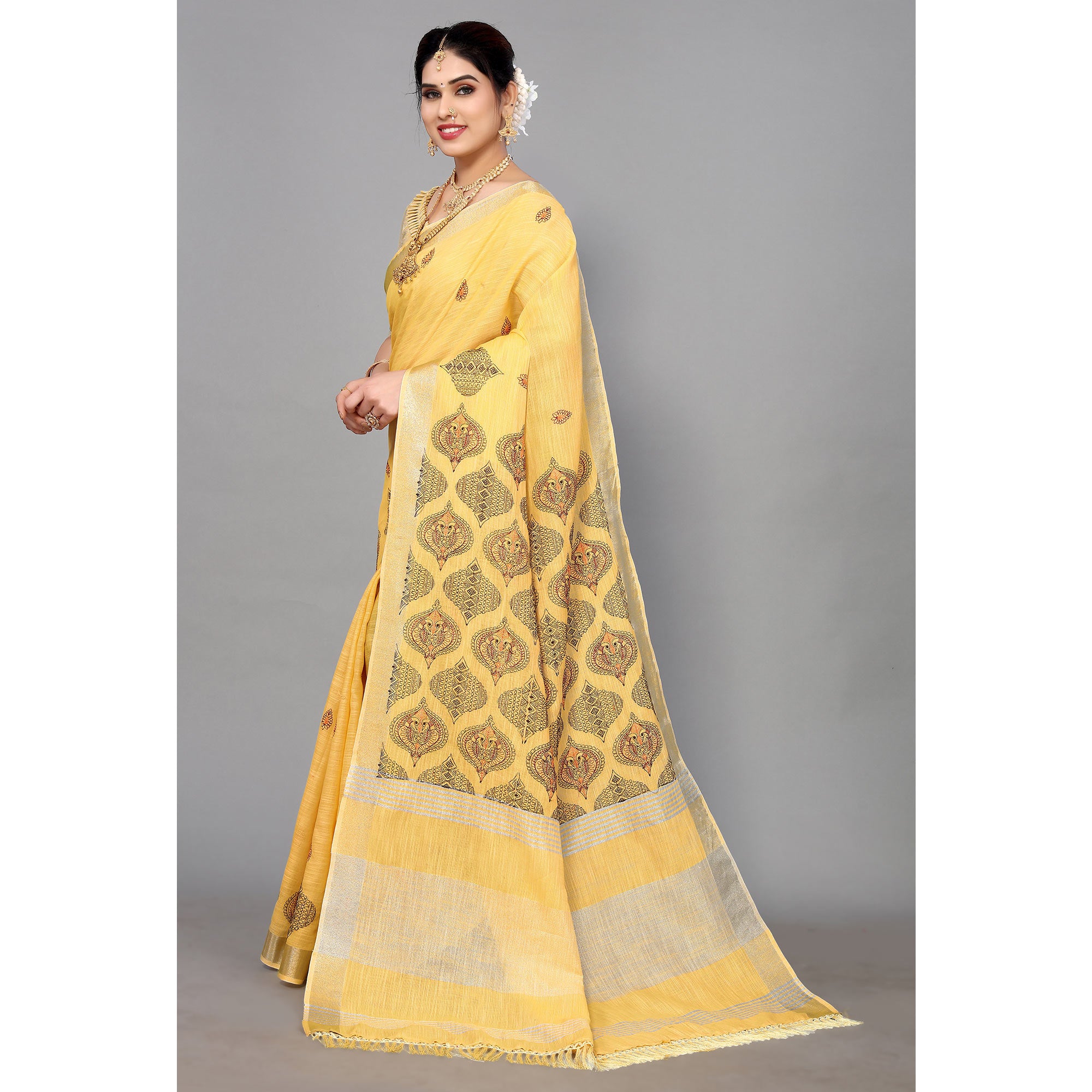 Yellow Embroidered Cotton Silk Saree With Tassels