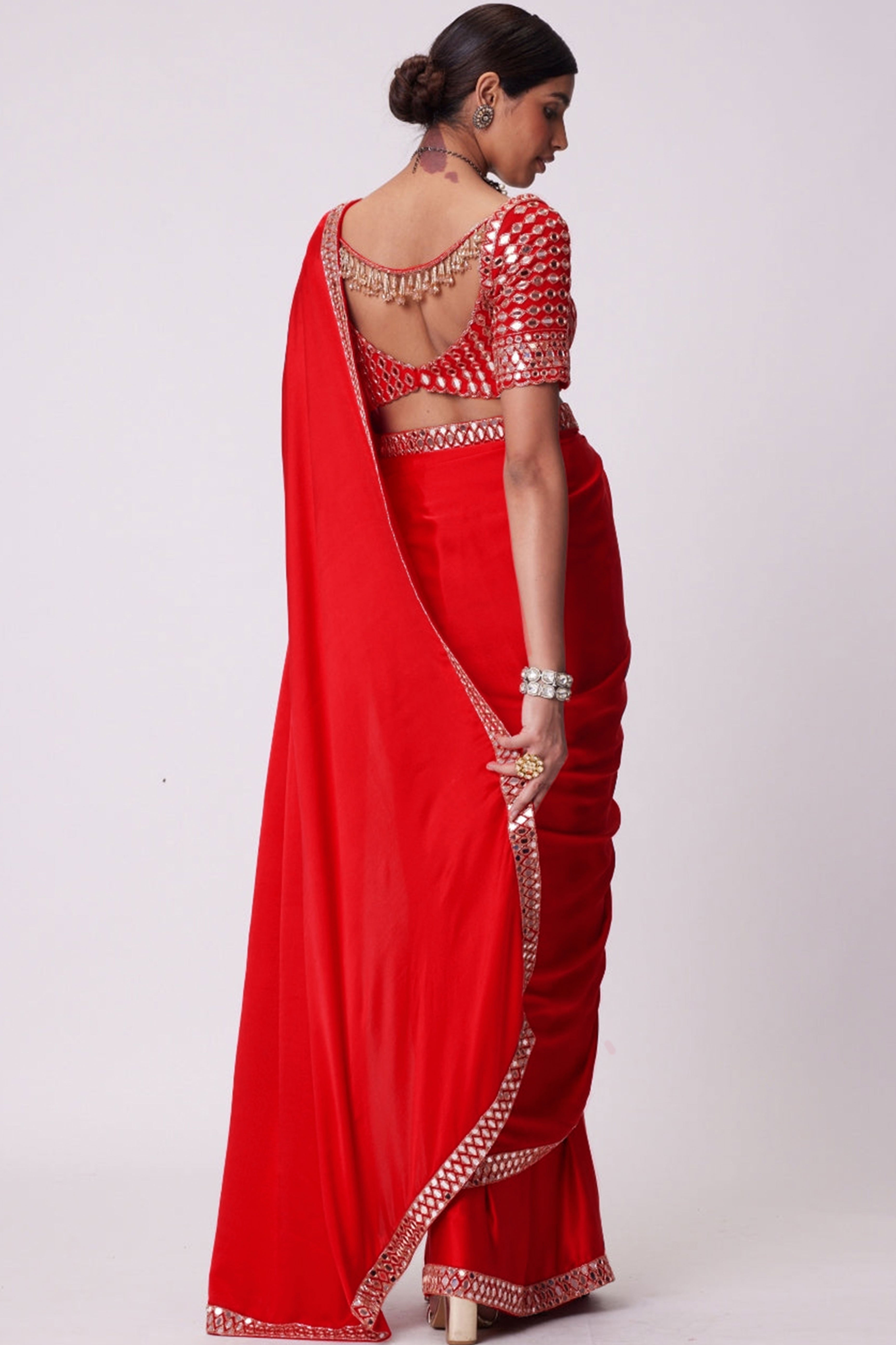 Crimson Red Mirror Embroidered Organza Saree