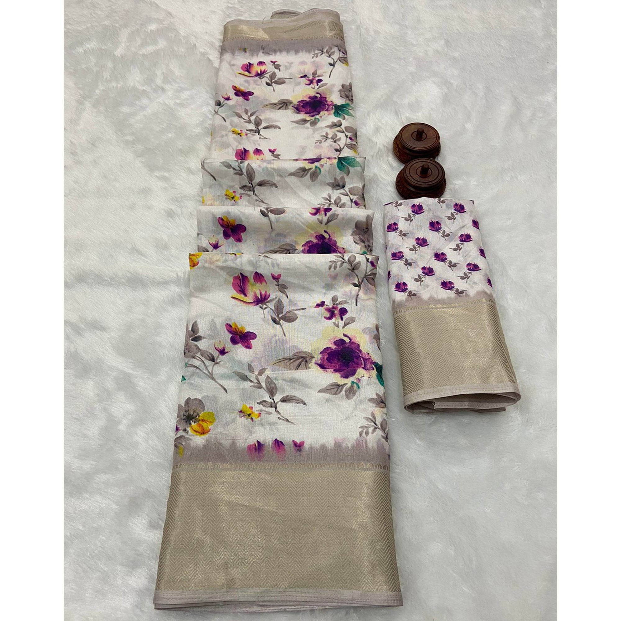 White & Purple Floral Printed Dola Silk Saree With Zari Border