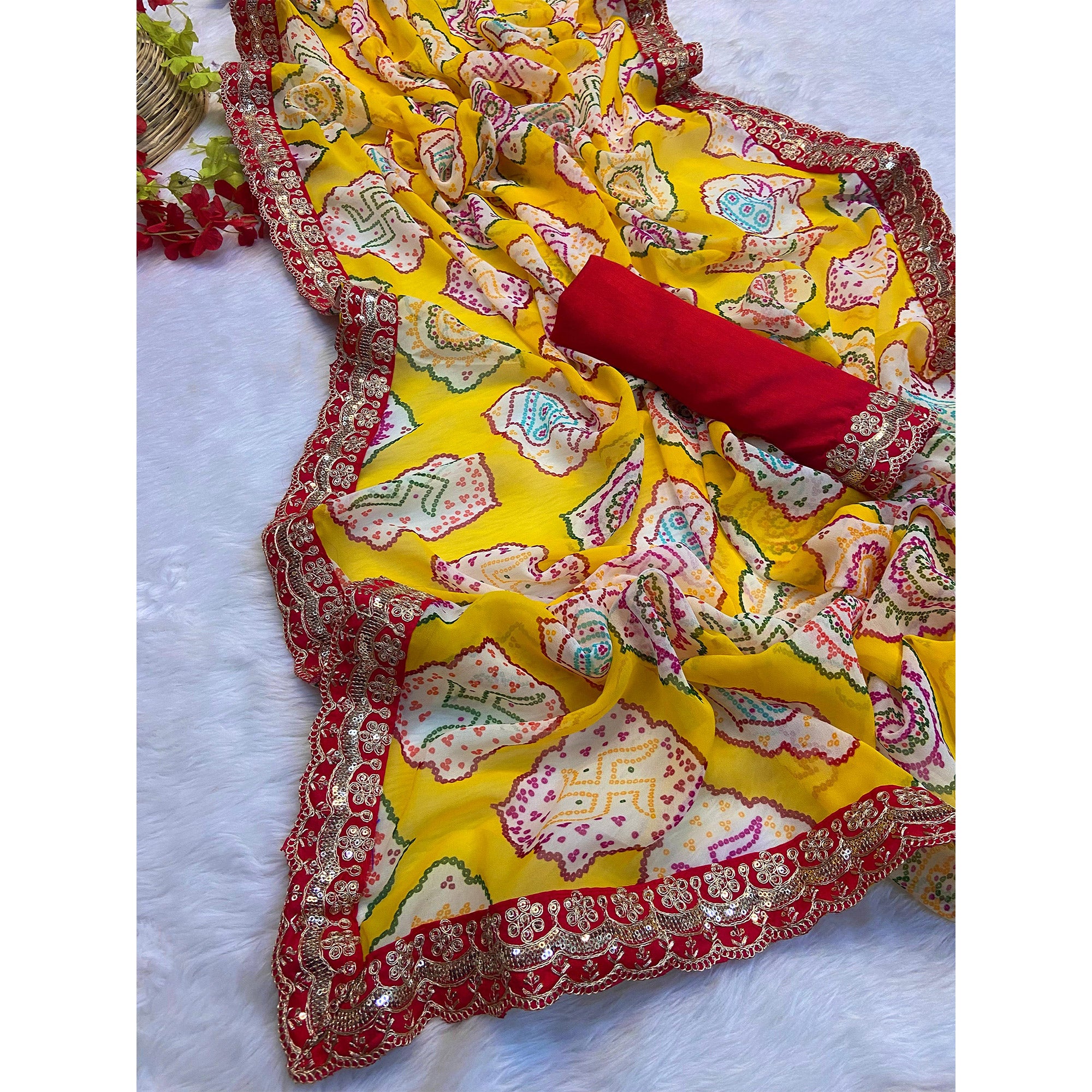 Yellow Bandhani Printed Georgette Saree With Sequins Embroidered Border