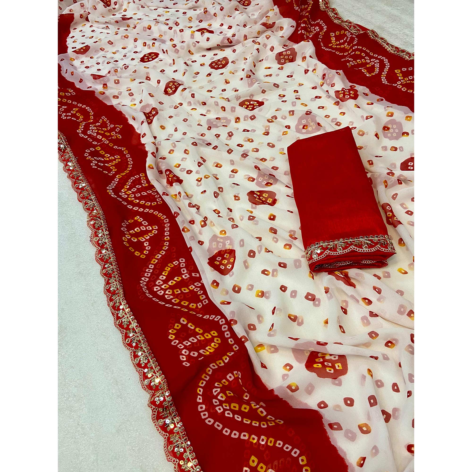 White & Red Bandhani Printed Georgette Saree