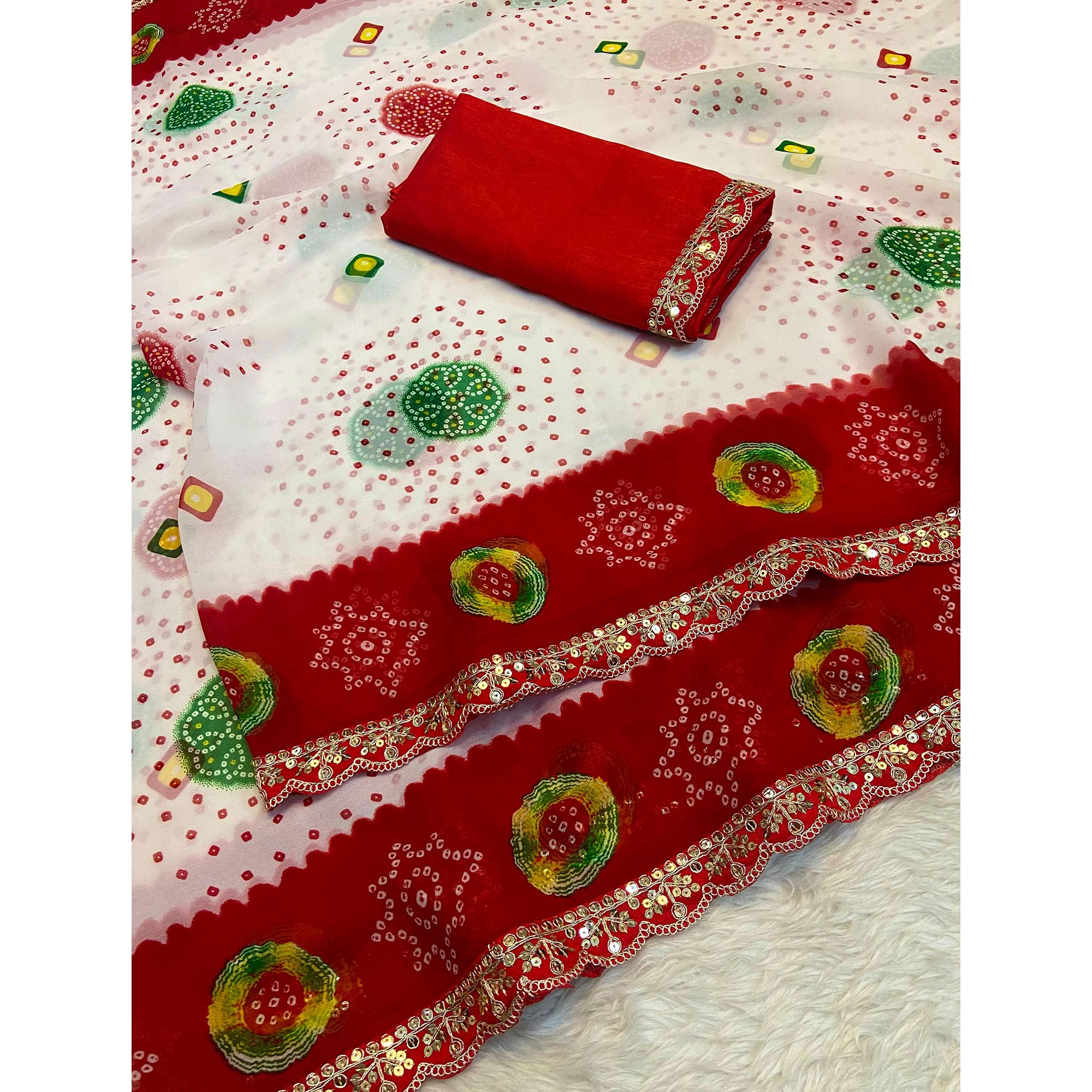White & Red Bandhani Printed Georgette Saree