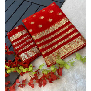 Red Zari Weaving Georgette Saree