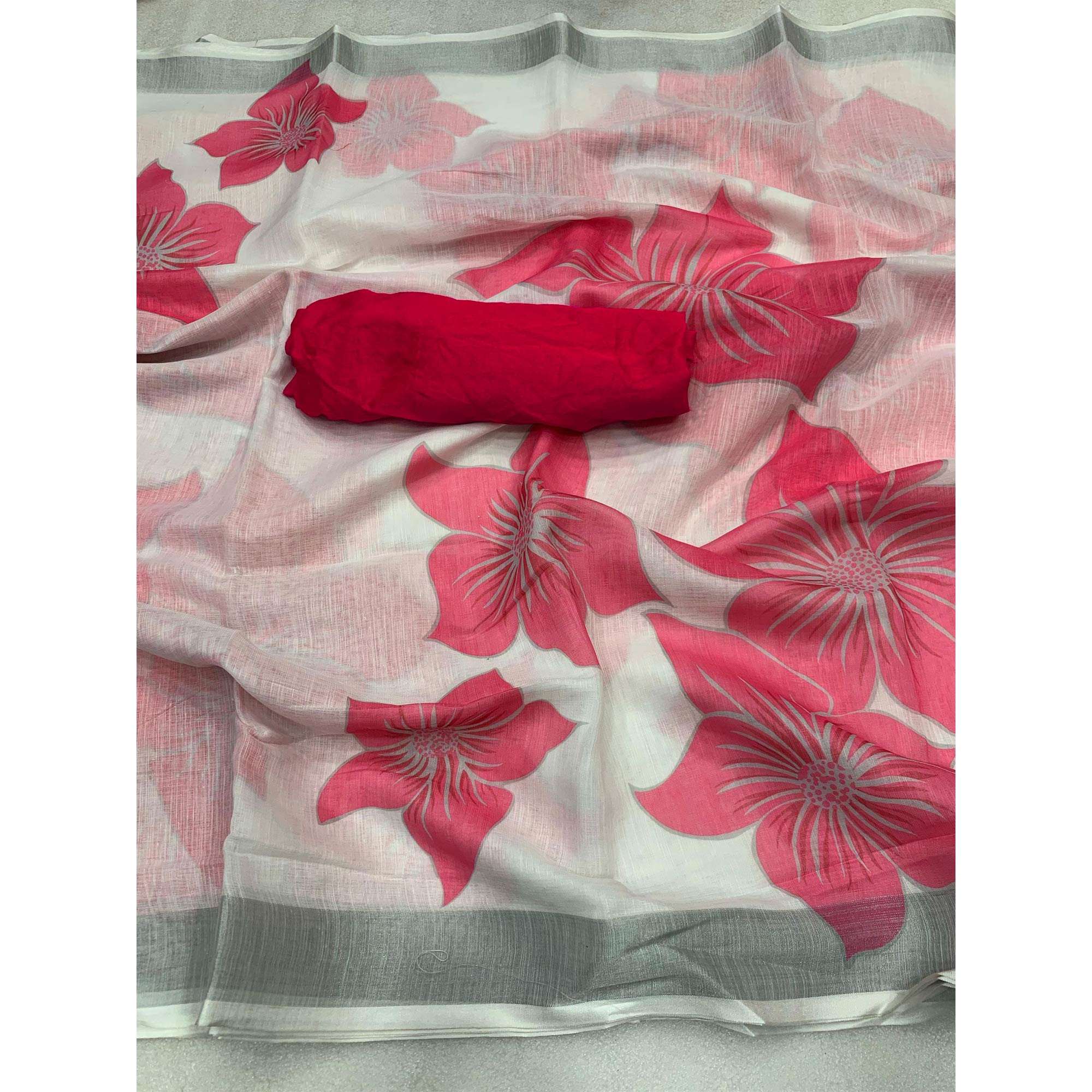 White & Pink Digital Floral Printed Linen Saree