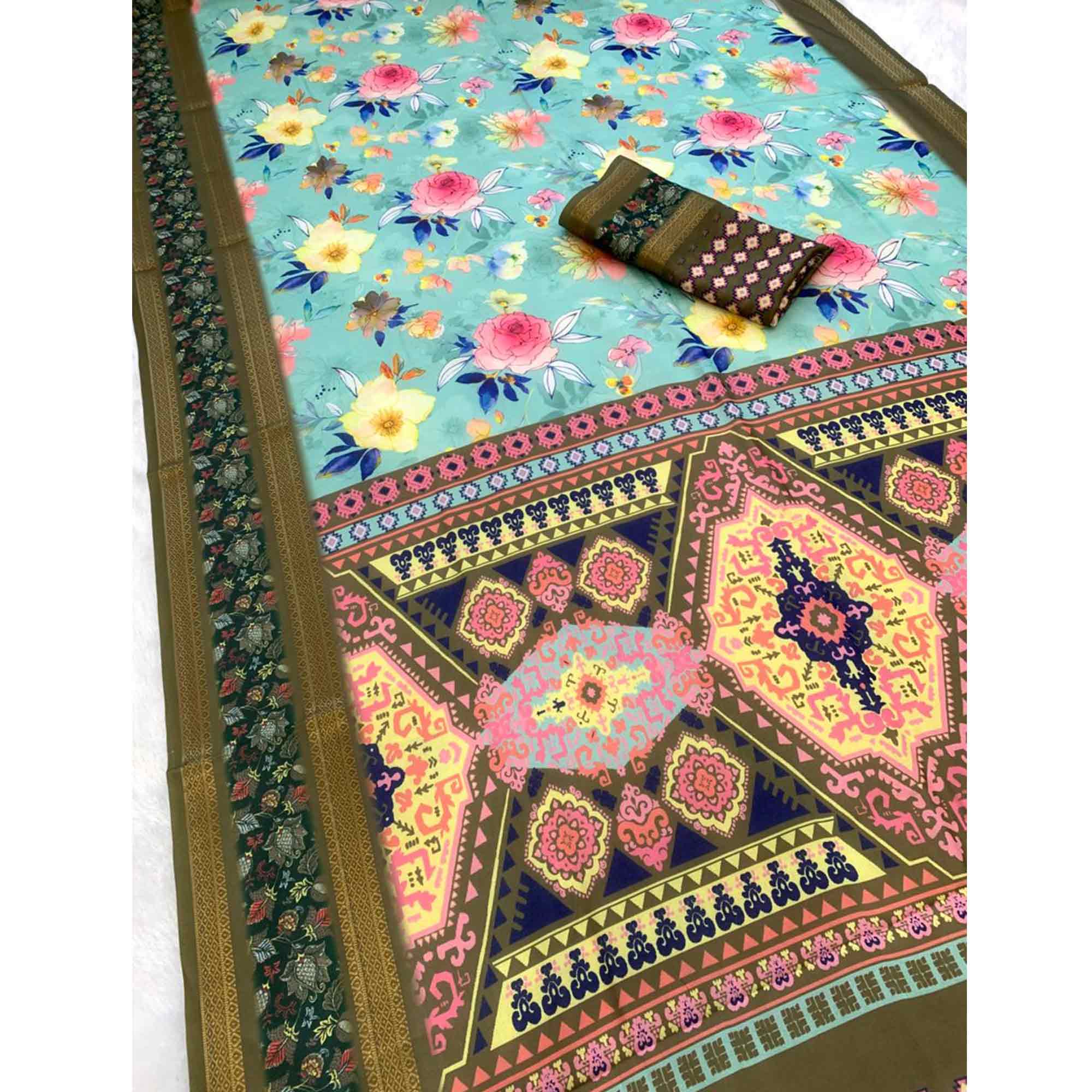 Turquoise Floral Moss Georgette Saree with Elegant Drape & Soft Texture
