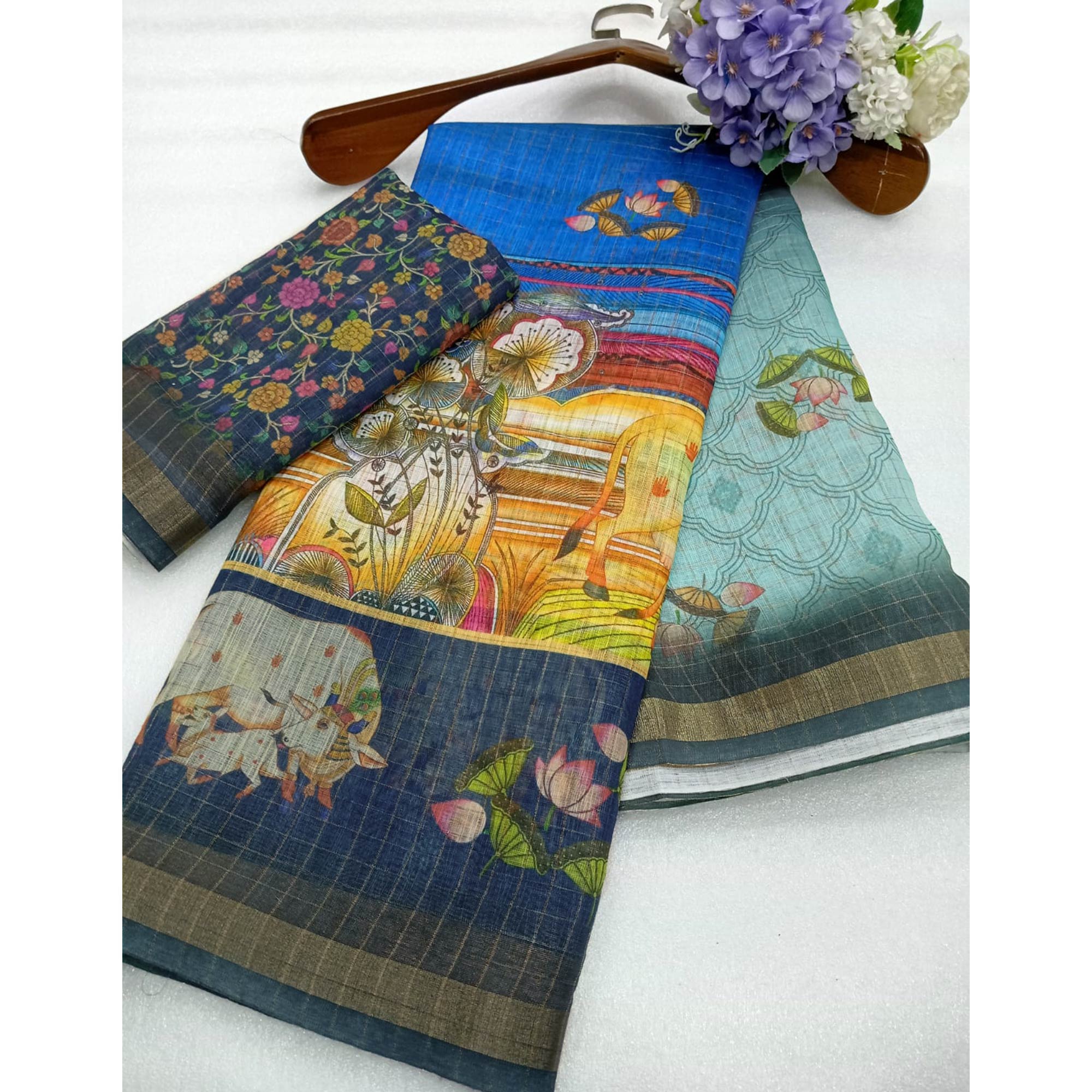 Multicolor Checks Zari Woven With Printed Linen Saree