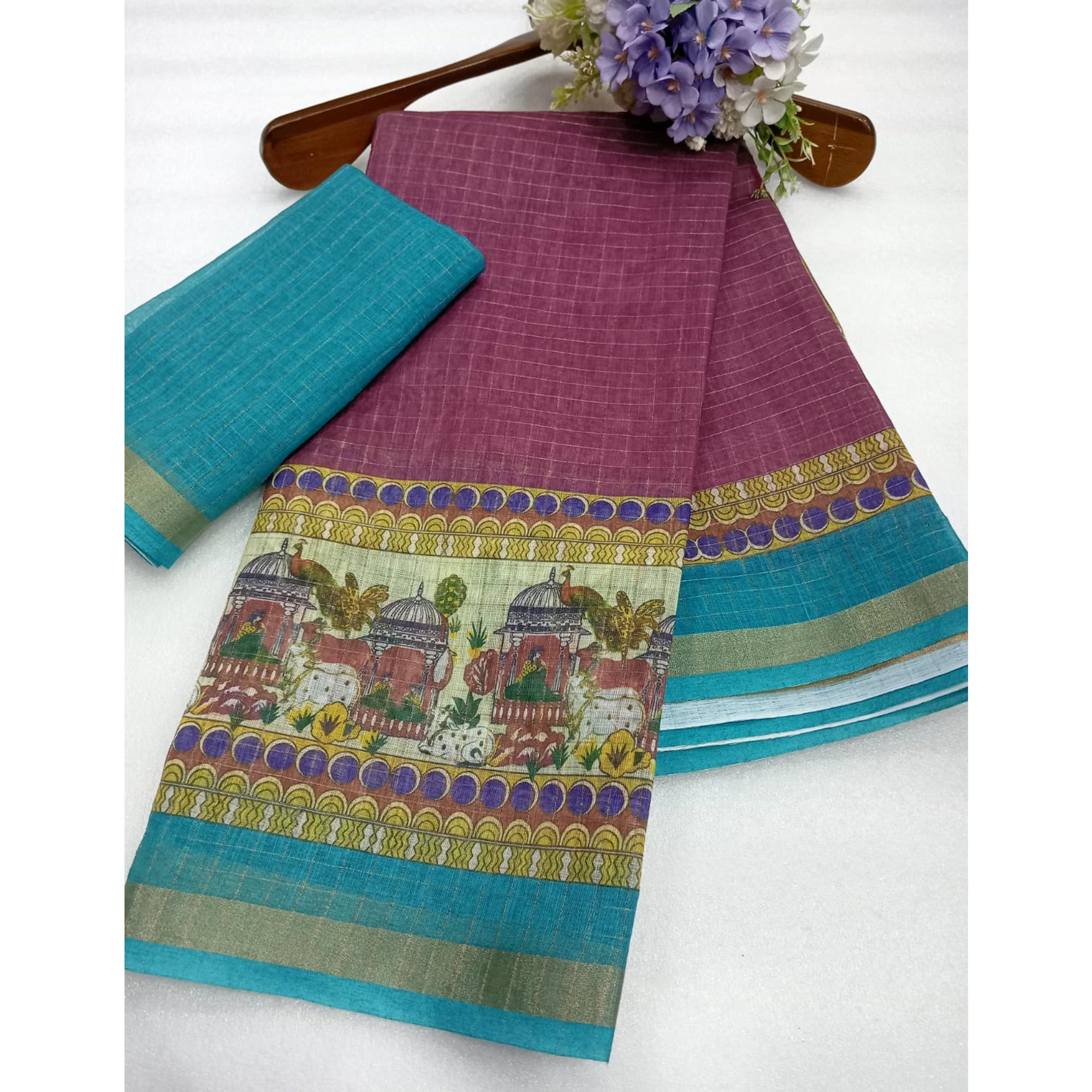Wine Checks Zari Woven With Printed Linen Saree