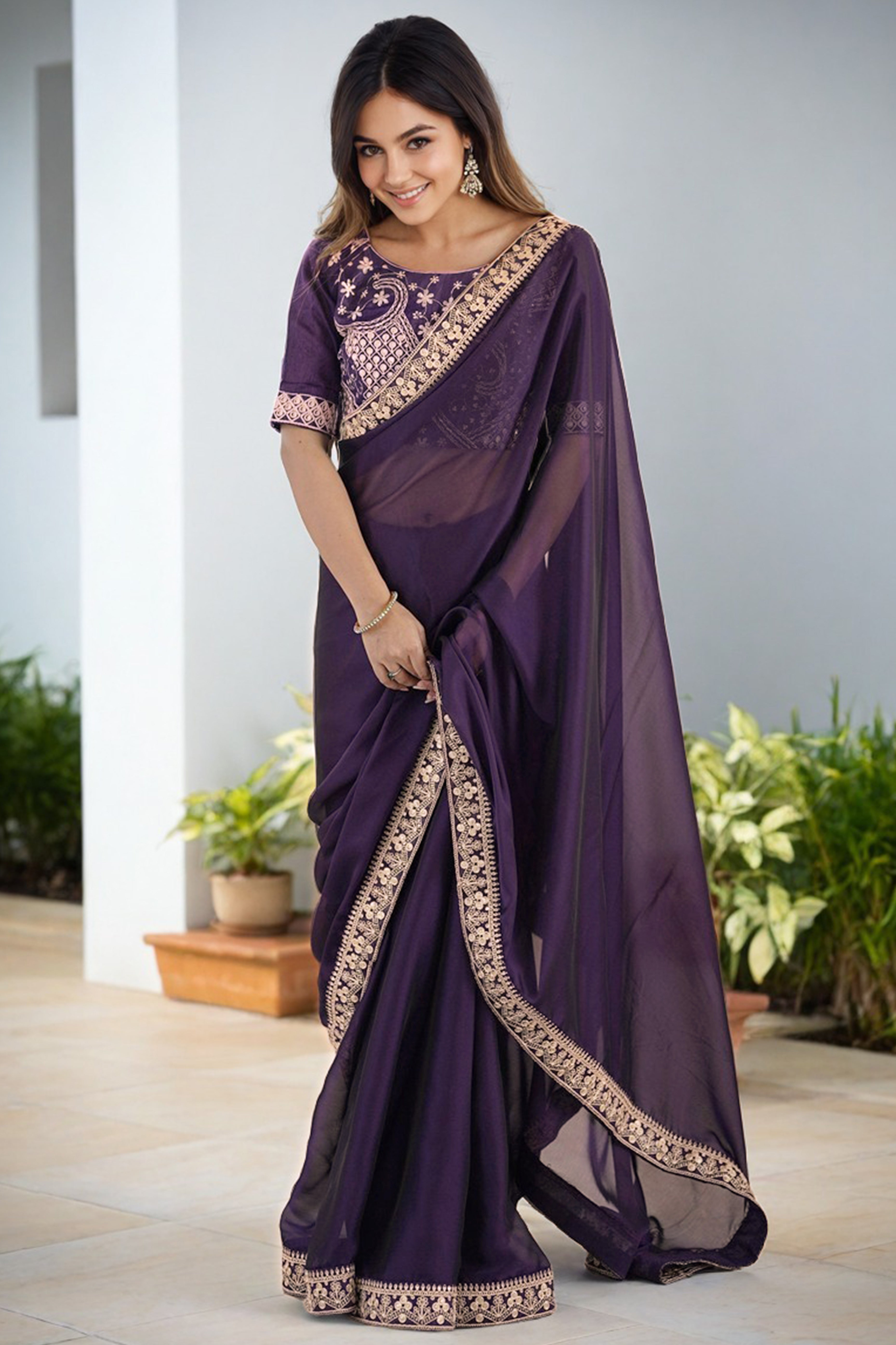Elegant Purple Rangoli Silk Organza Saree Featuring Zari Cording Embroidery With Sequins Border