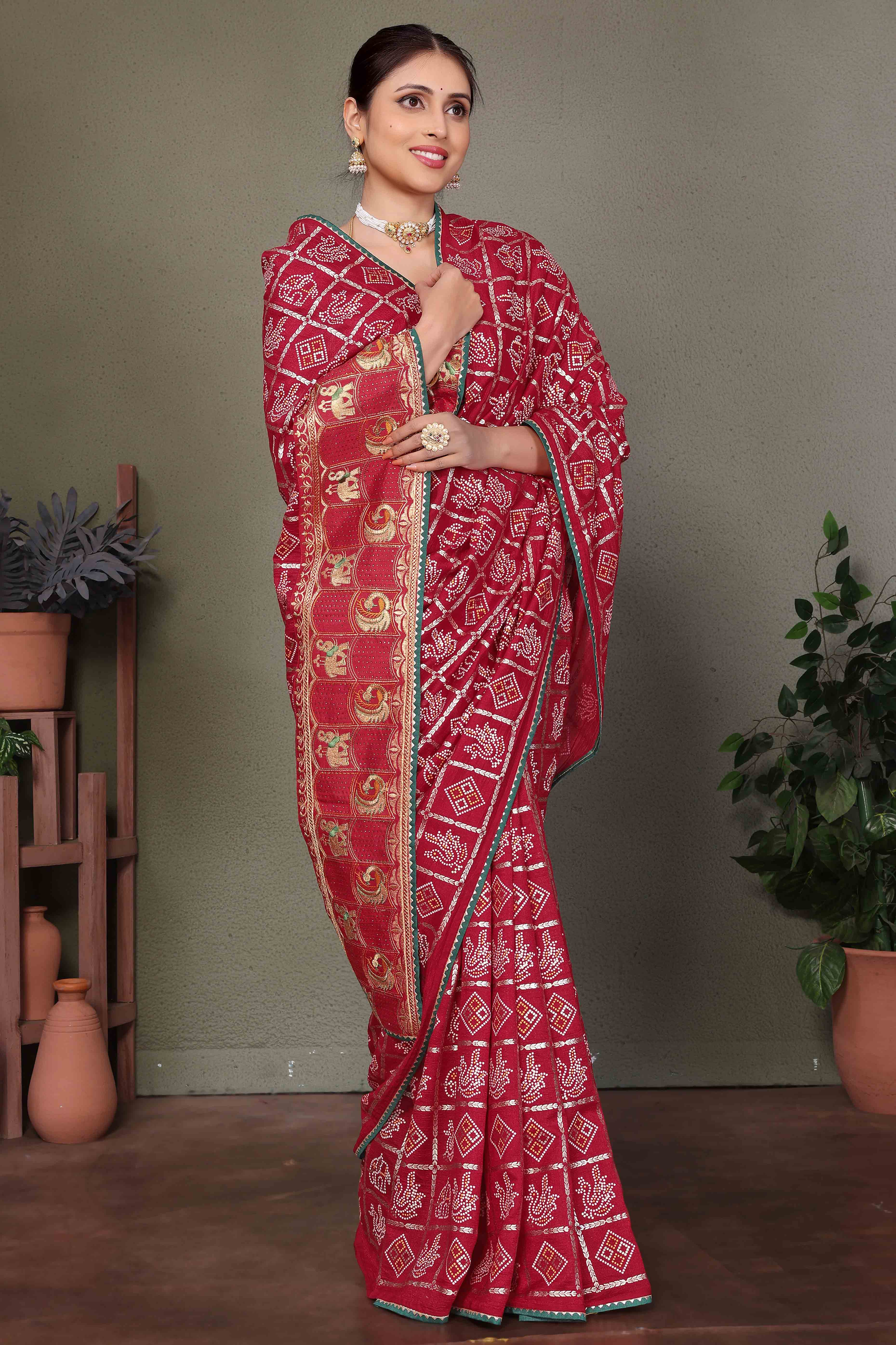 Maroon Vichitra Silk Saree Featuring Bandhani Patterns and Graceful Embroidered Borders