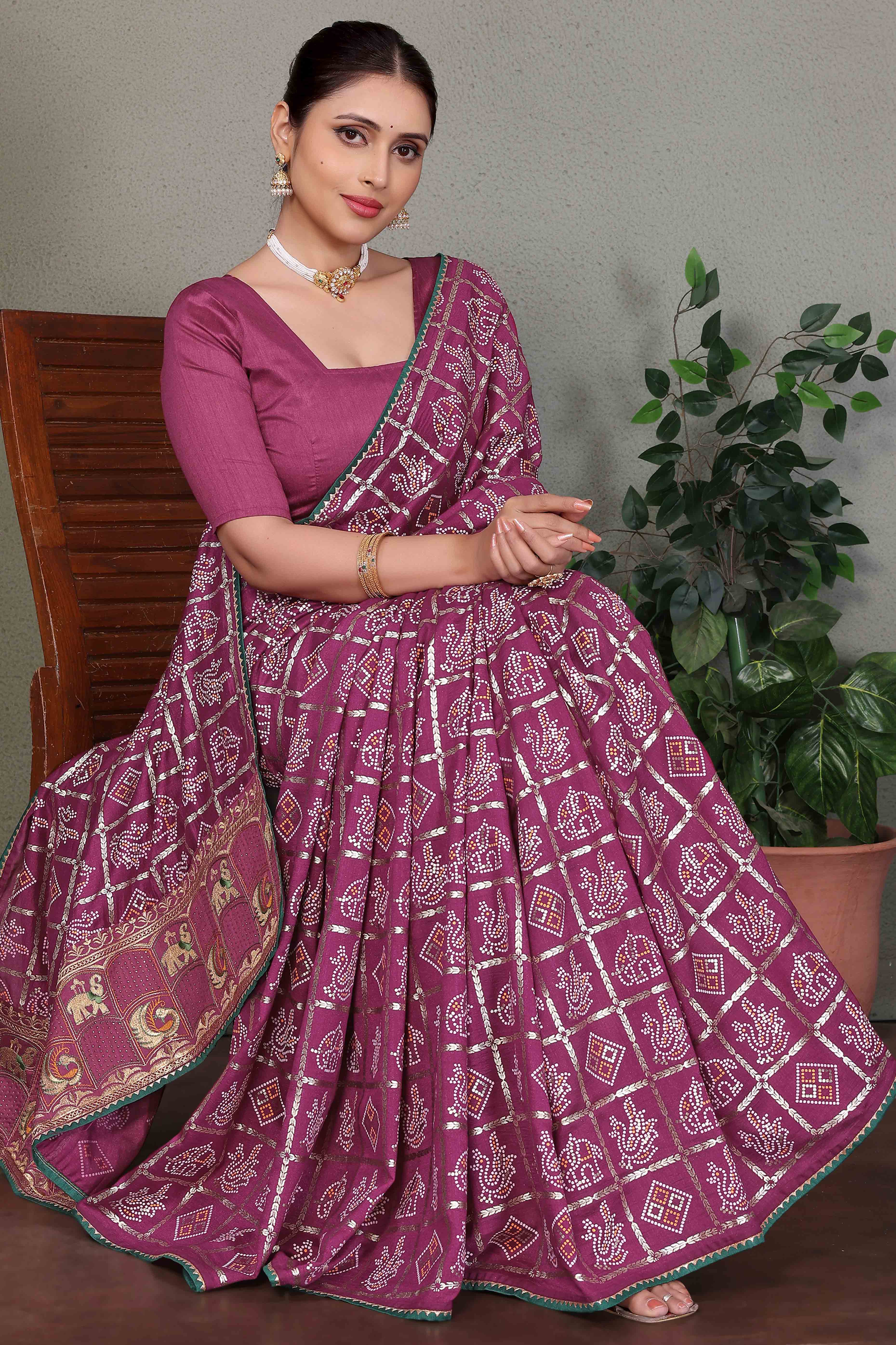 Purple Vichitra Silk Saree Featuring Bandhani Patterns and Graceful Embroidered Borders