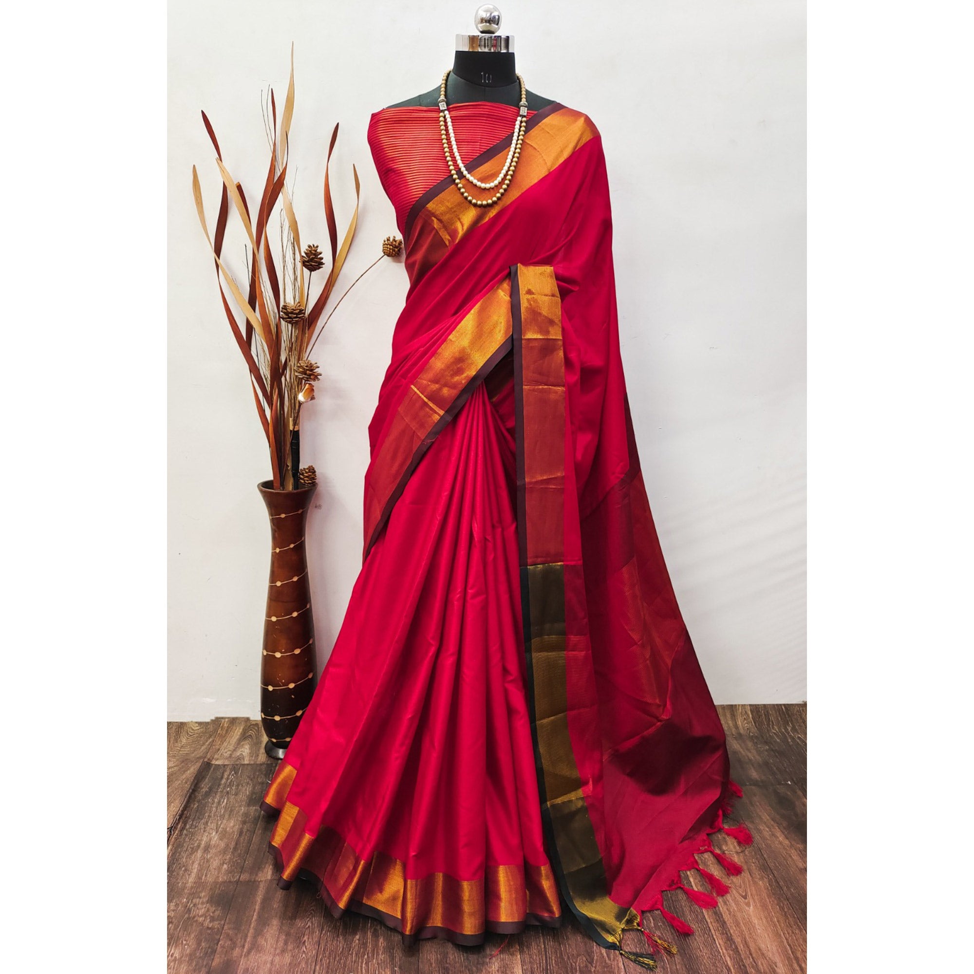 Red Woven Art Silk Saree With Tassels