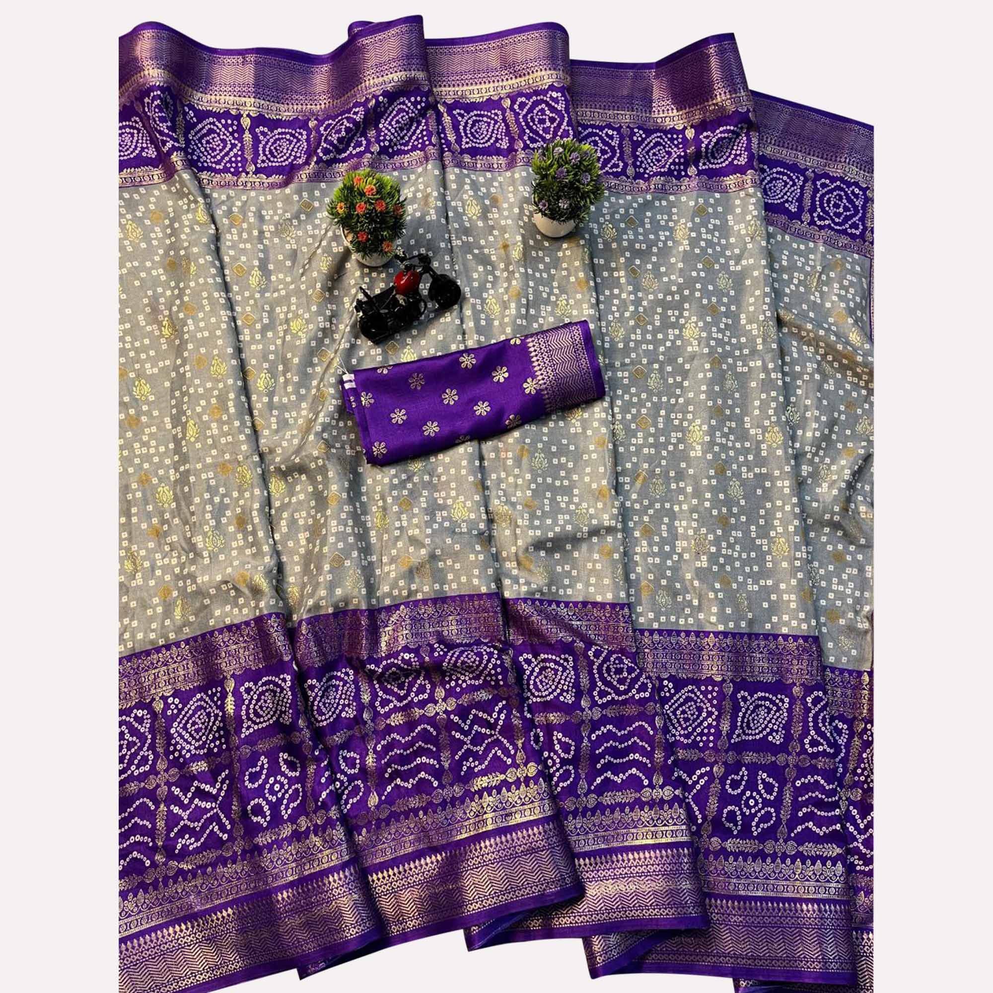 Grey & Purple Dola Silk Saree Featuring Traditional Bandhani Print & Woven Border