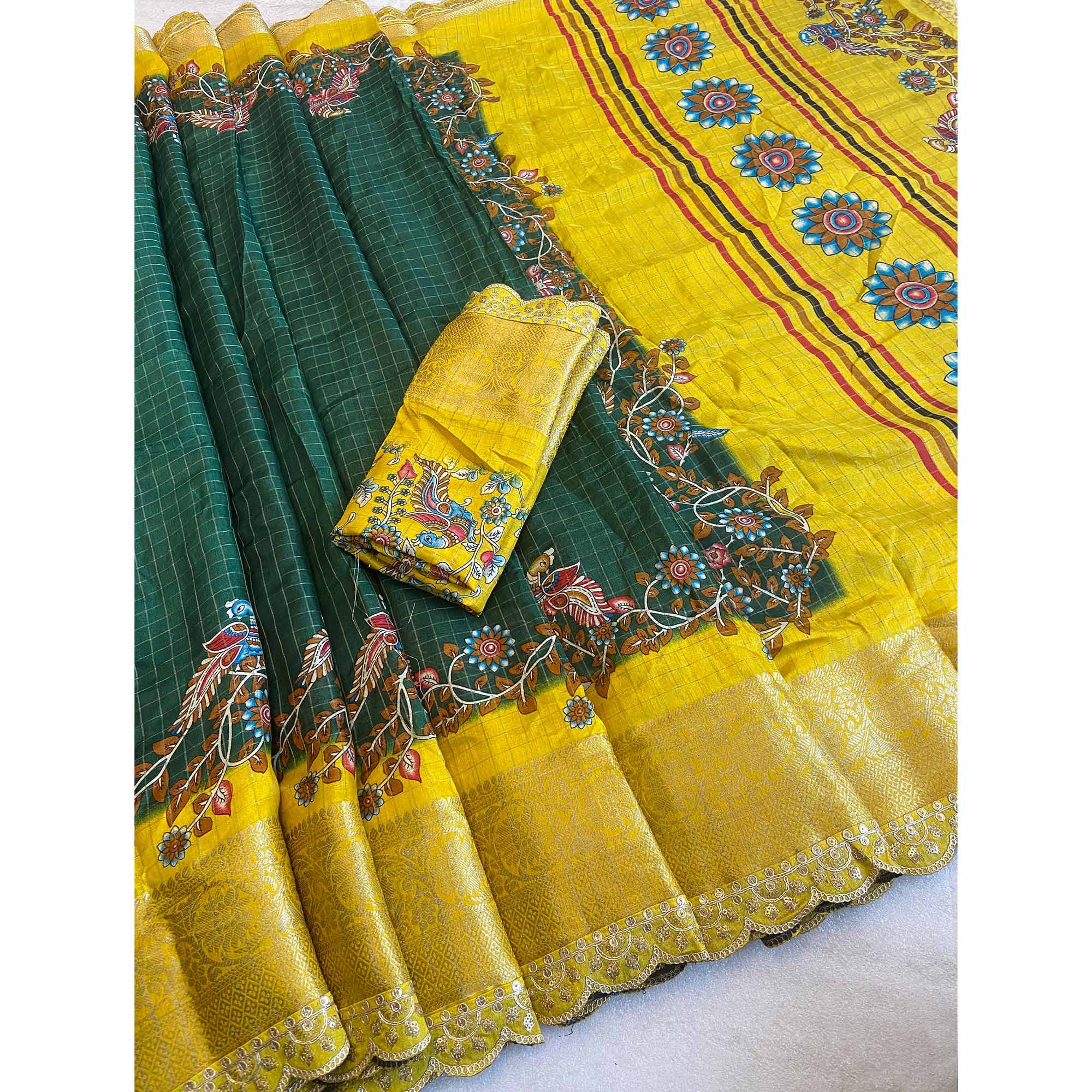 Green Floral Printed Dola Silk Saree With Sequins Border