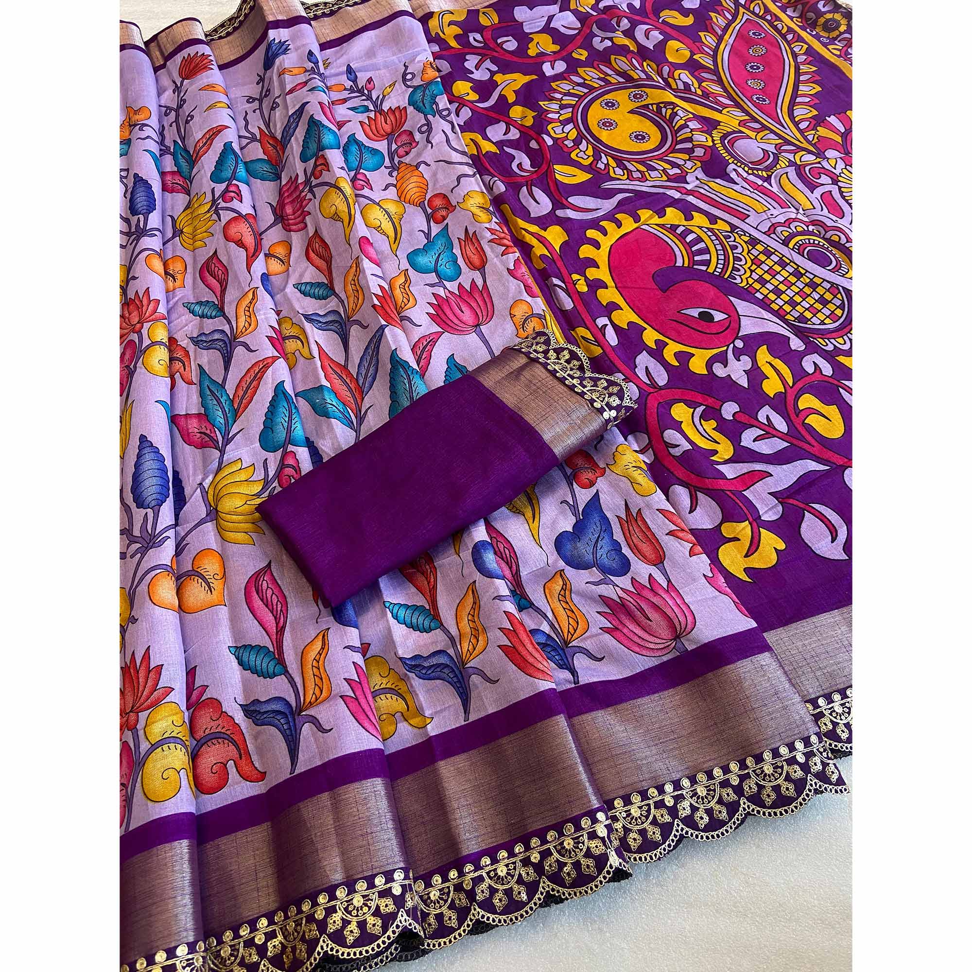 Lavender Floral Printed Dola Silk Saree With Sequins Border