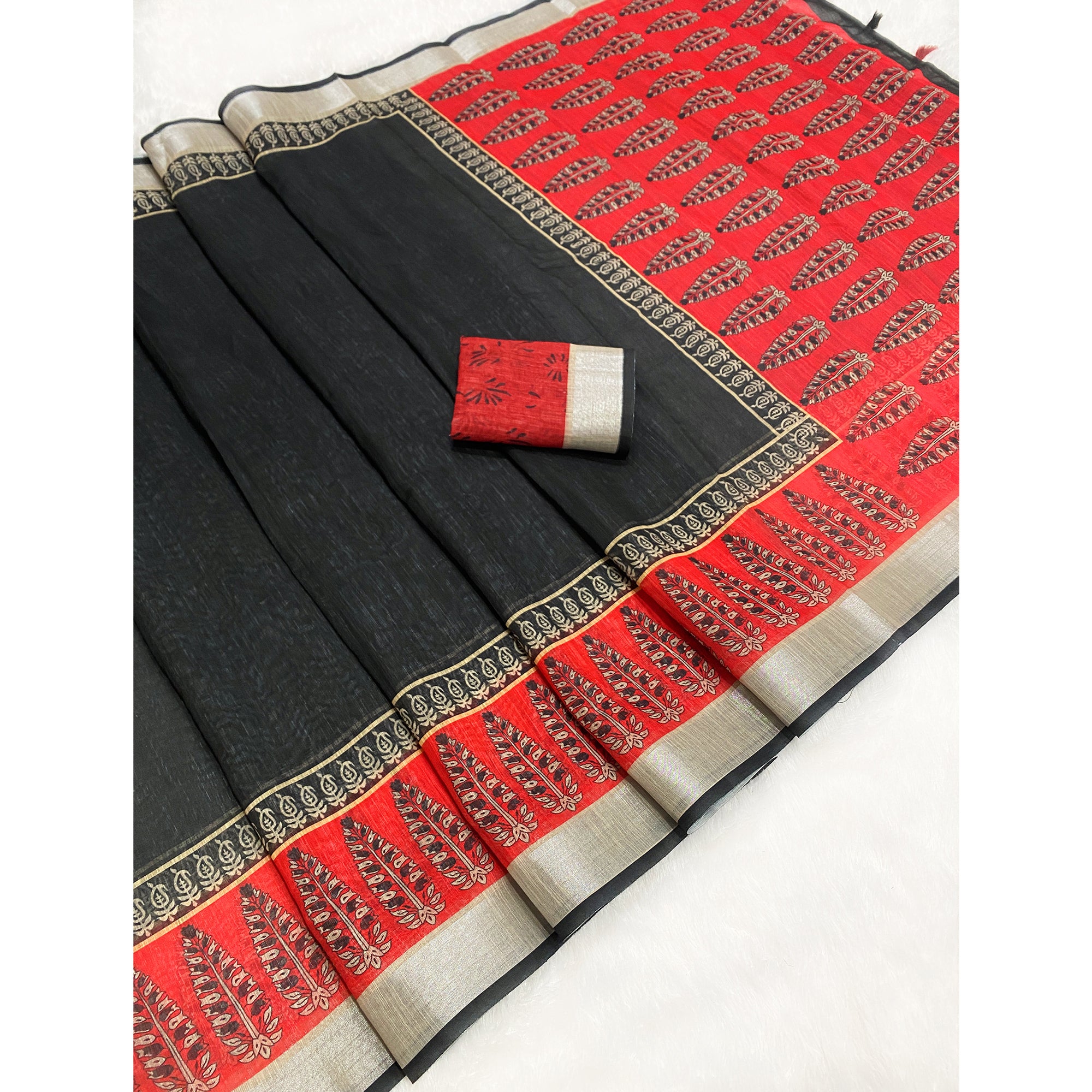 Black & Red Linen Cotton Saree Adorned with Vibrant Floral Prints and Breezy Texture