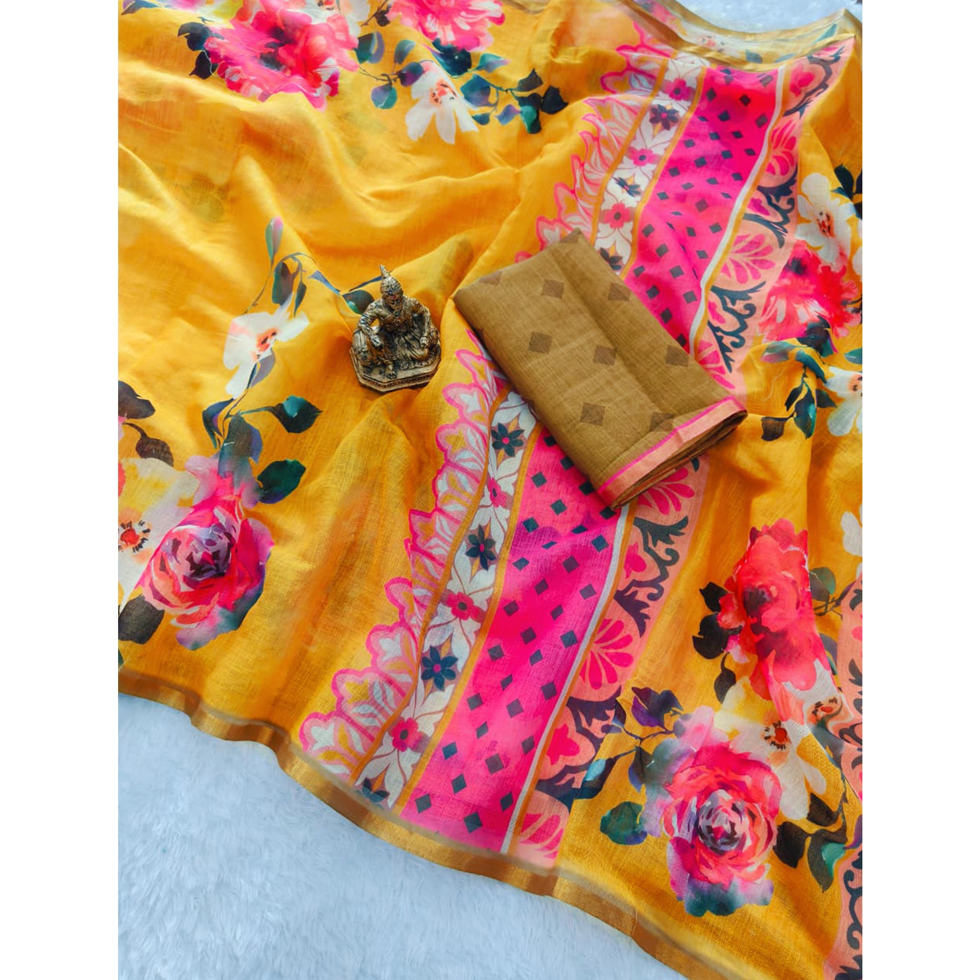 Mustard Linen Cotton Saree Adorned with Vibrant Geometric Prints and Breezy Texture
