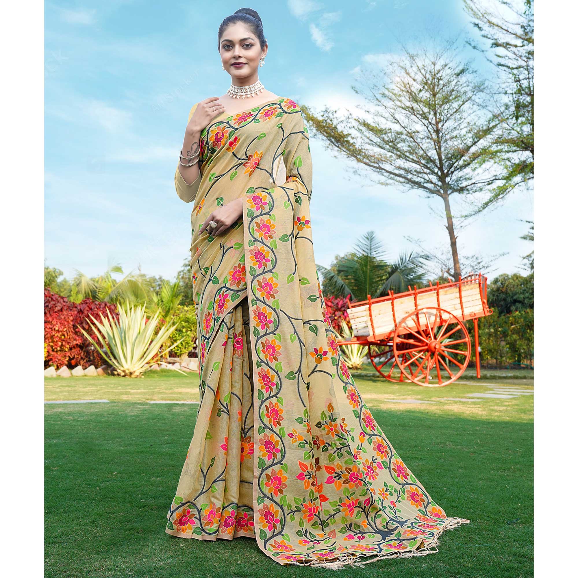Beige Floral Woven Cotton Silk Saree With Tassels