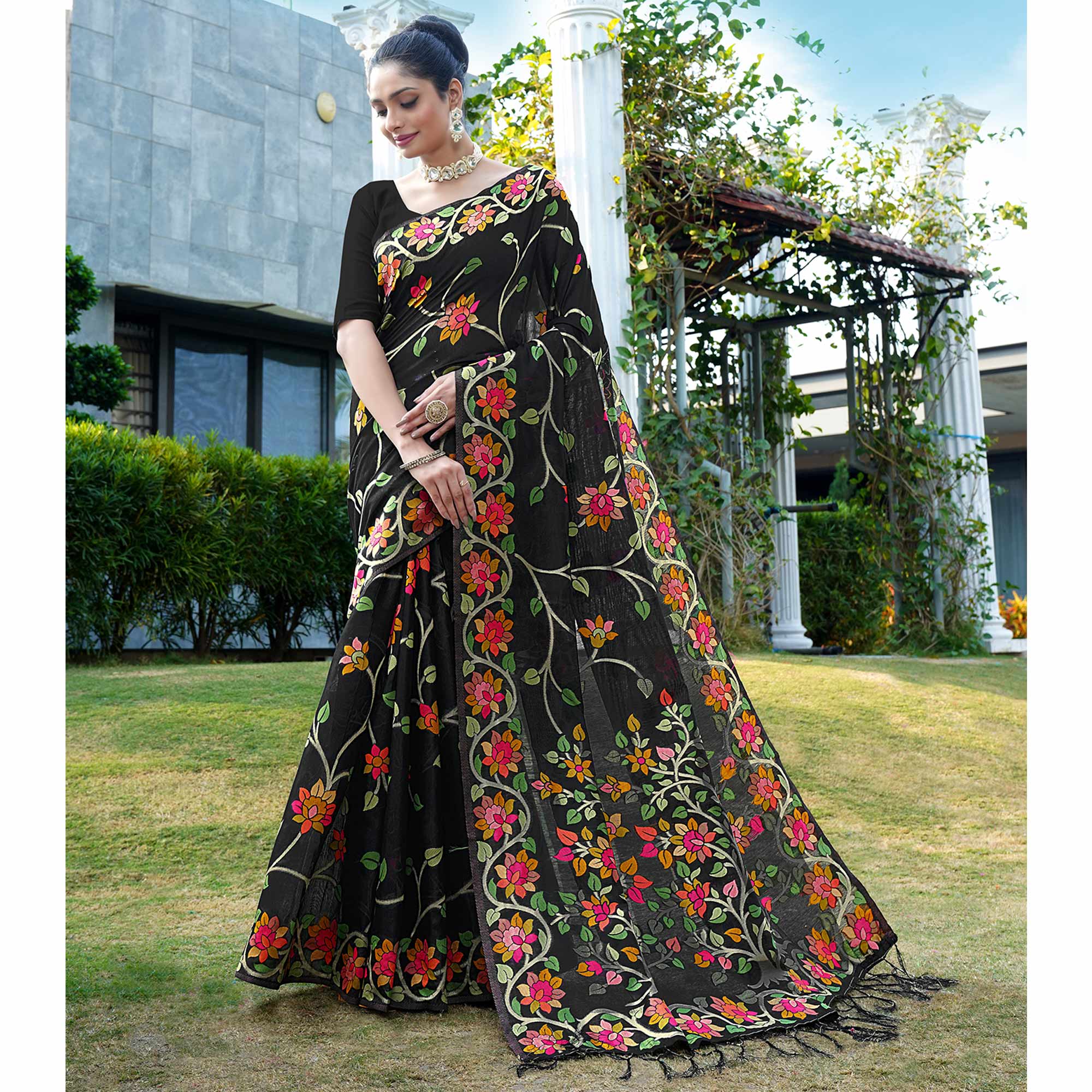 Black Floral Woven Cotton Silk Saree With Tassels