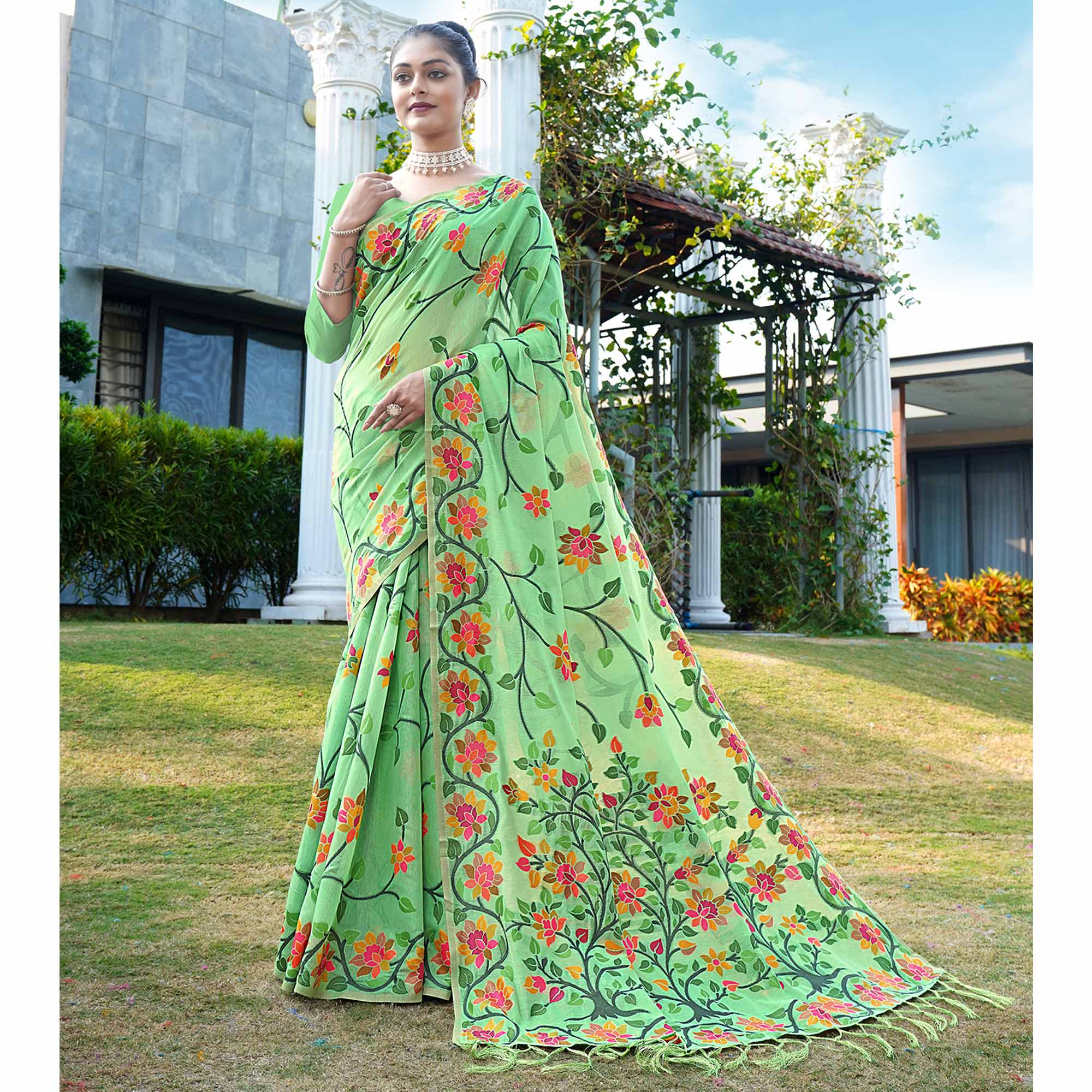 Green Floral Woven Cotton Silk Saree With Tassels