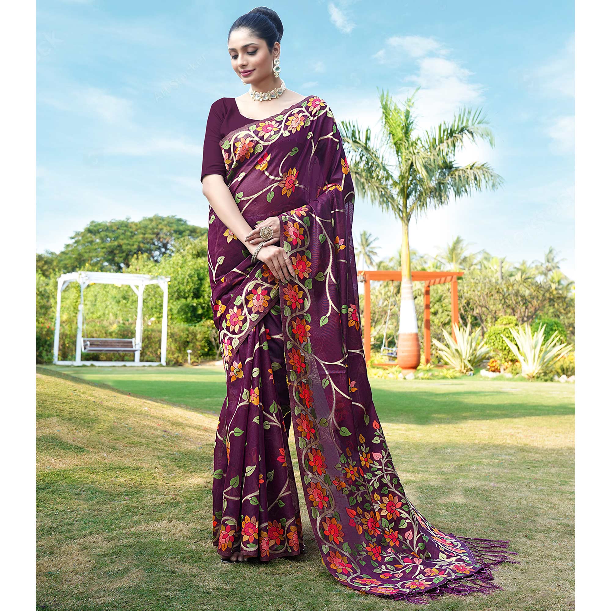 Purple Floral Woven Cotton Silk Saree With Tassels