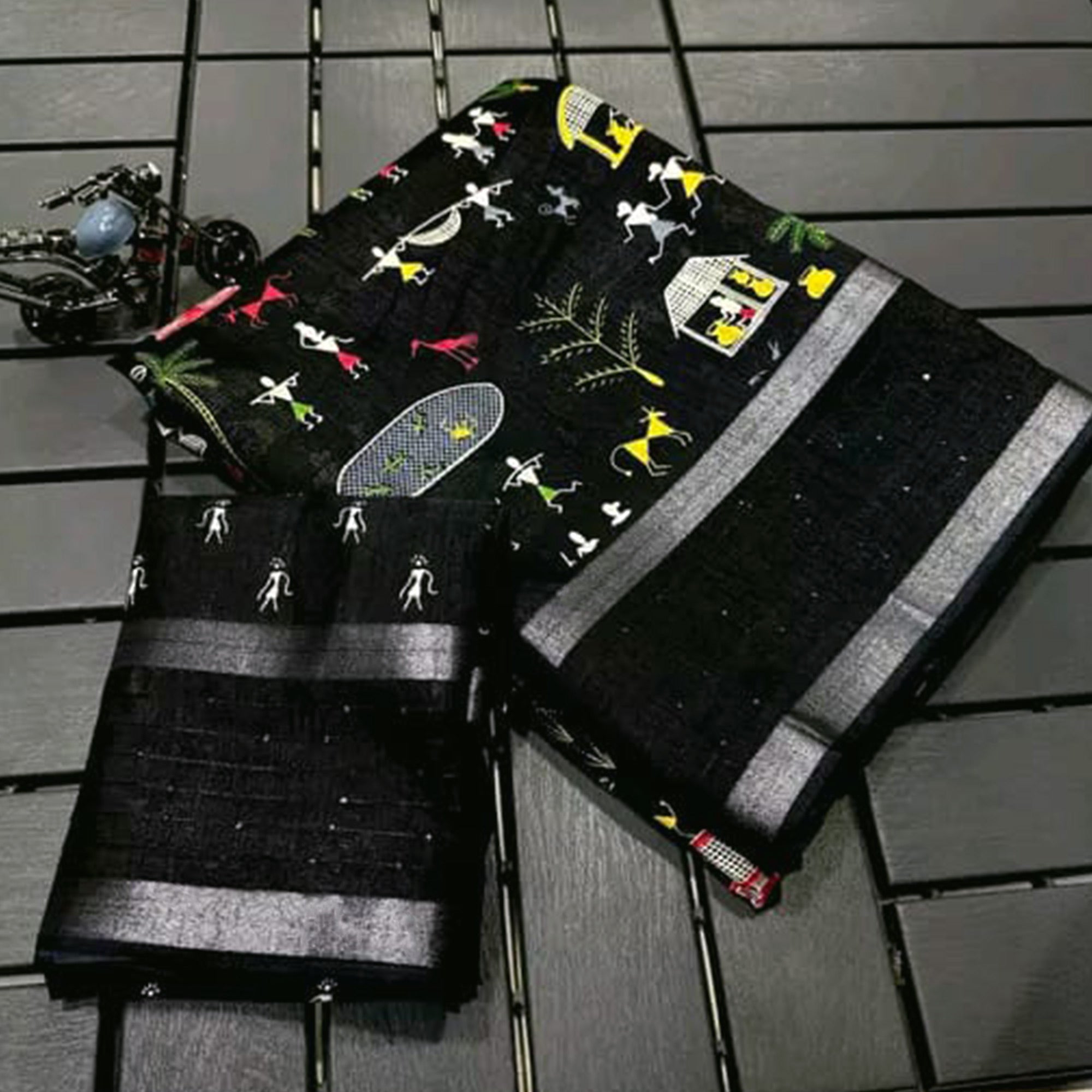 Black Warli Printed Dola Silk Saree