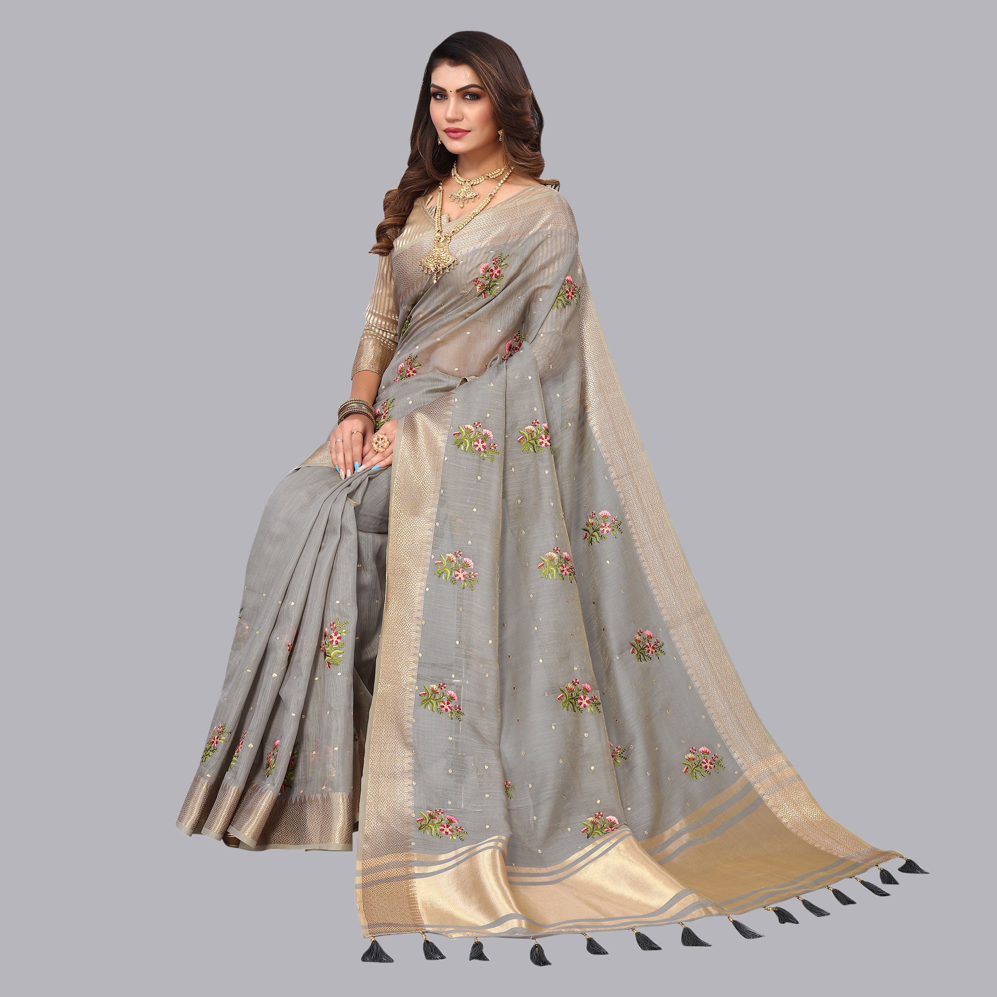 Grey Floral Embroidered Cotton Silk Saree With Zari Border